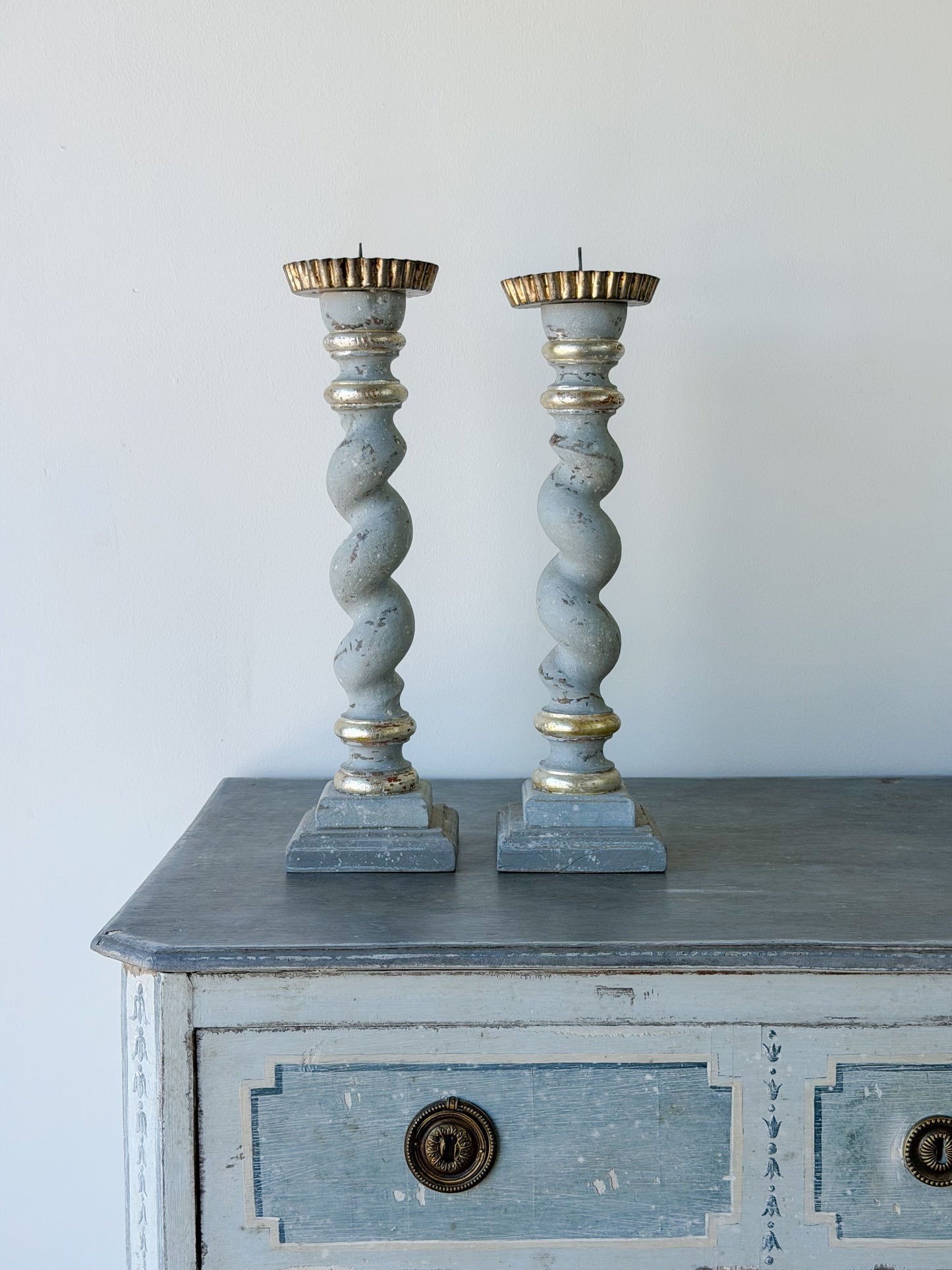 Antique Italian Painted Tall Candlestick Pair (Slate)