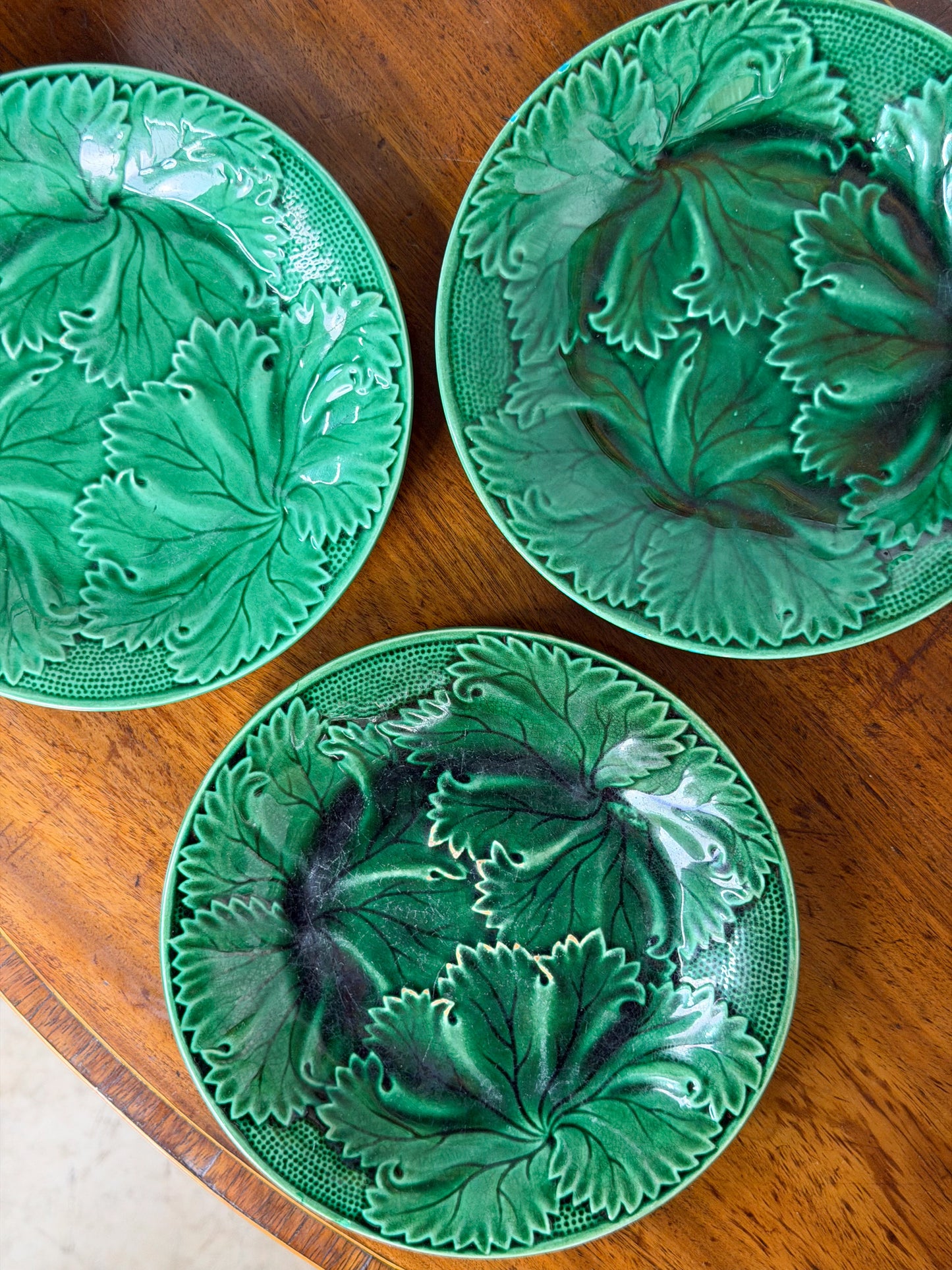 19th Century Regal & Sanejouand Majolica Leaf Plates (Set of 3)