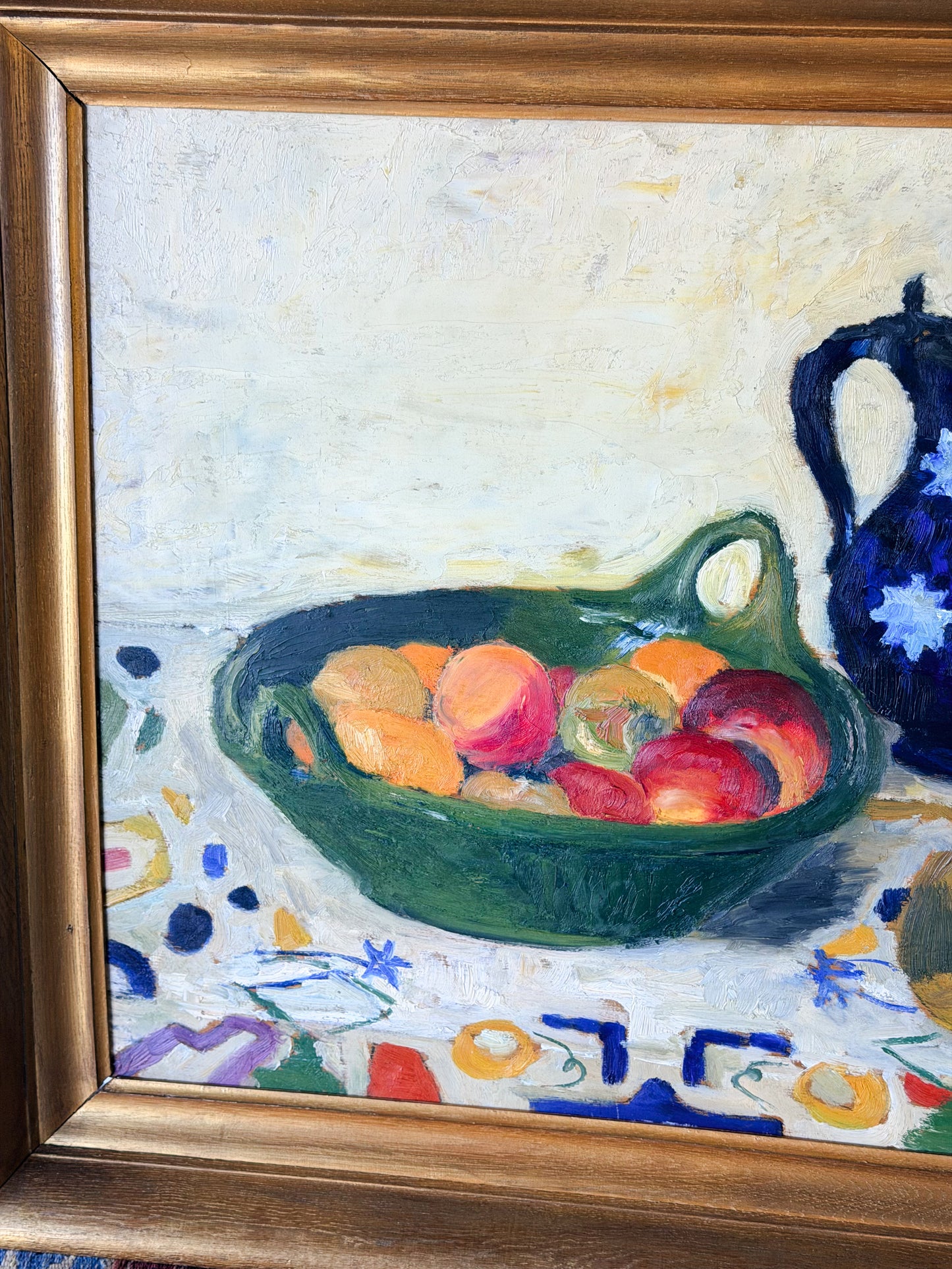Midcentury Pitcher & Fruit Still Life Oil on Board
