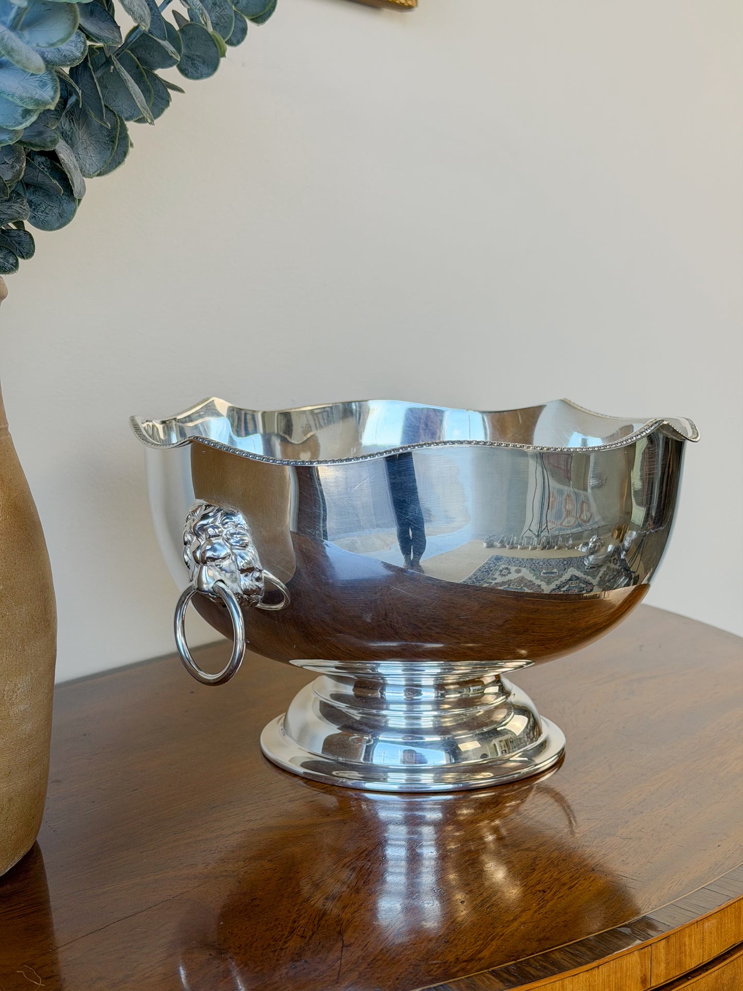 English Silverplate Punch Bowl with Lion Head Rings