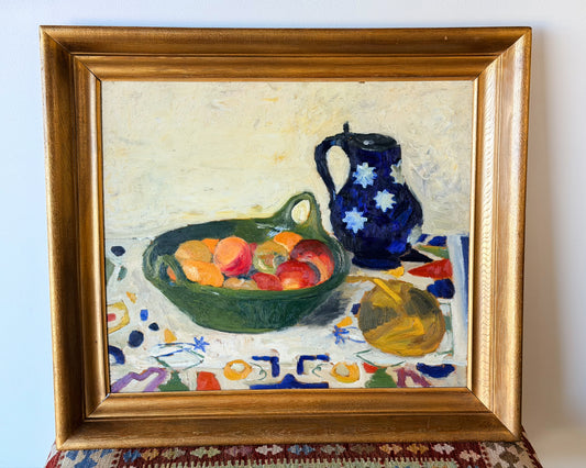 Midcentury Pitcher & Fruit Still Life Oil on Board