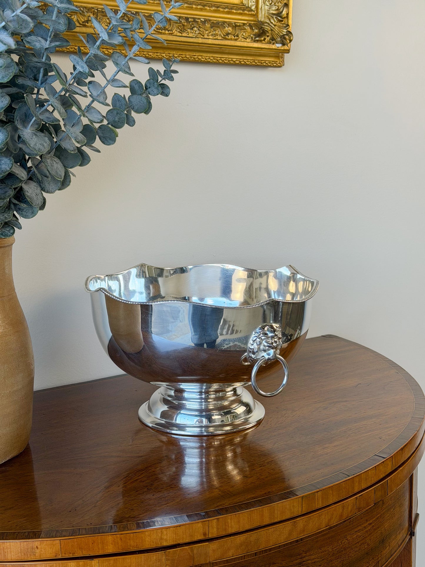 English Silverplate Punch Bowl with Lion Head Rings