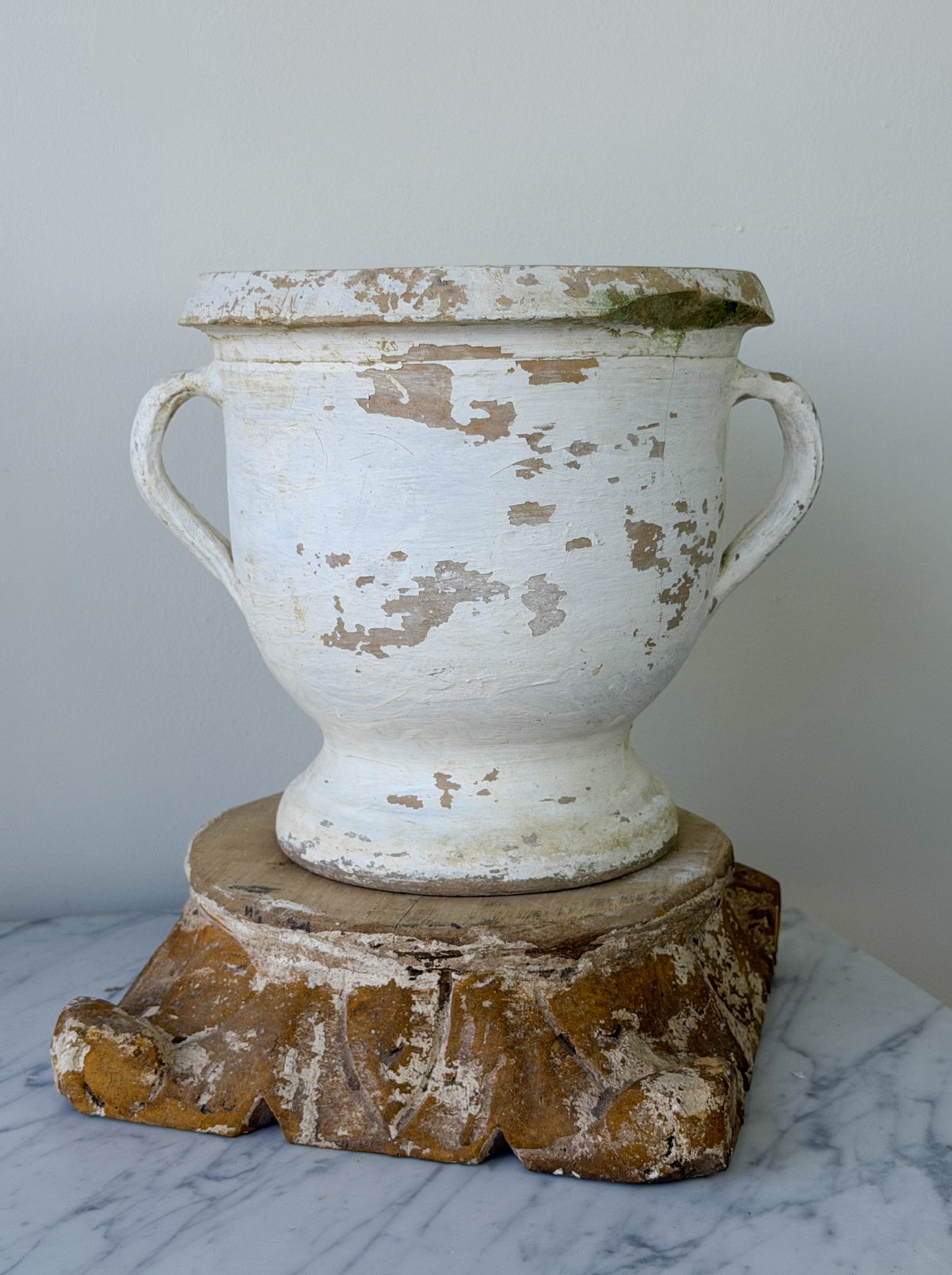 Vintage French Whitewashed Terracotta Pedestal Planter