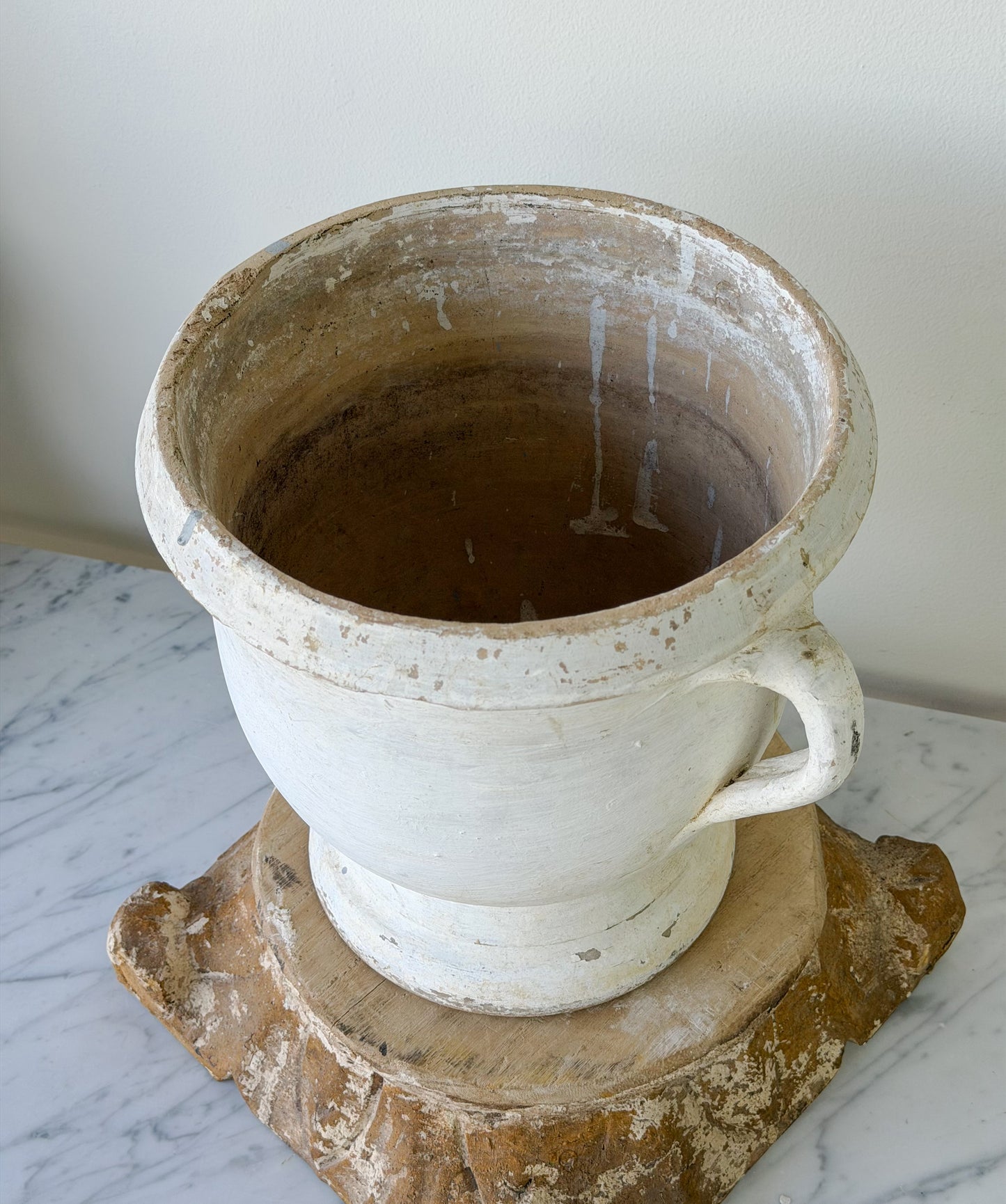 Vintage French Whitewashed Terracotta Pedestal Planter