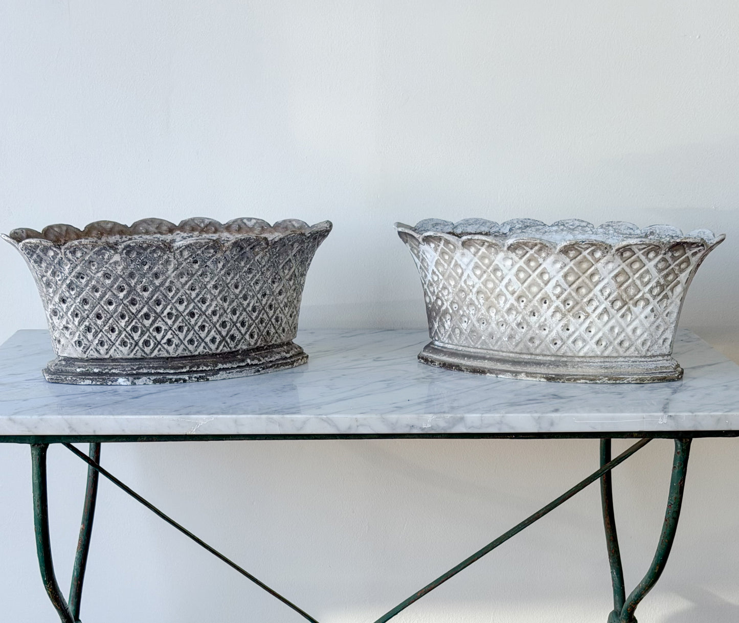 Antique French Cast Iron Scalloped Planter Pair
