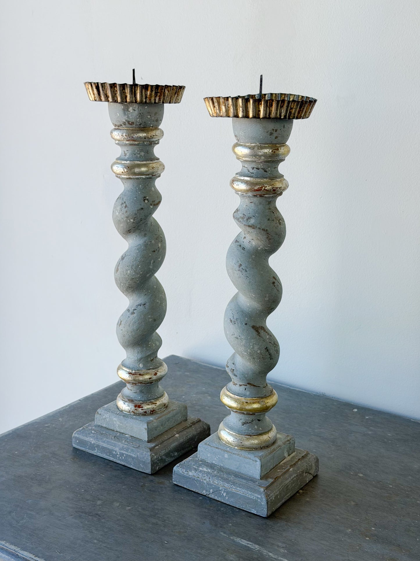 Antique Italian Painted Tall Candlestick Pair (Slate)