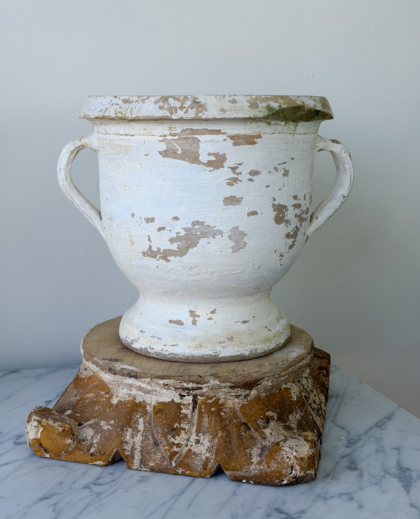 Vintage French Whitewashed Terracotta Pedestal Planter