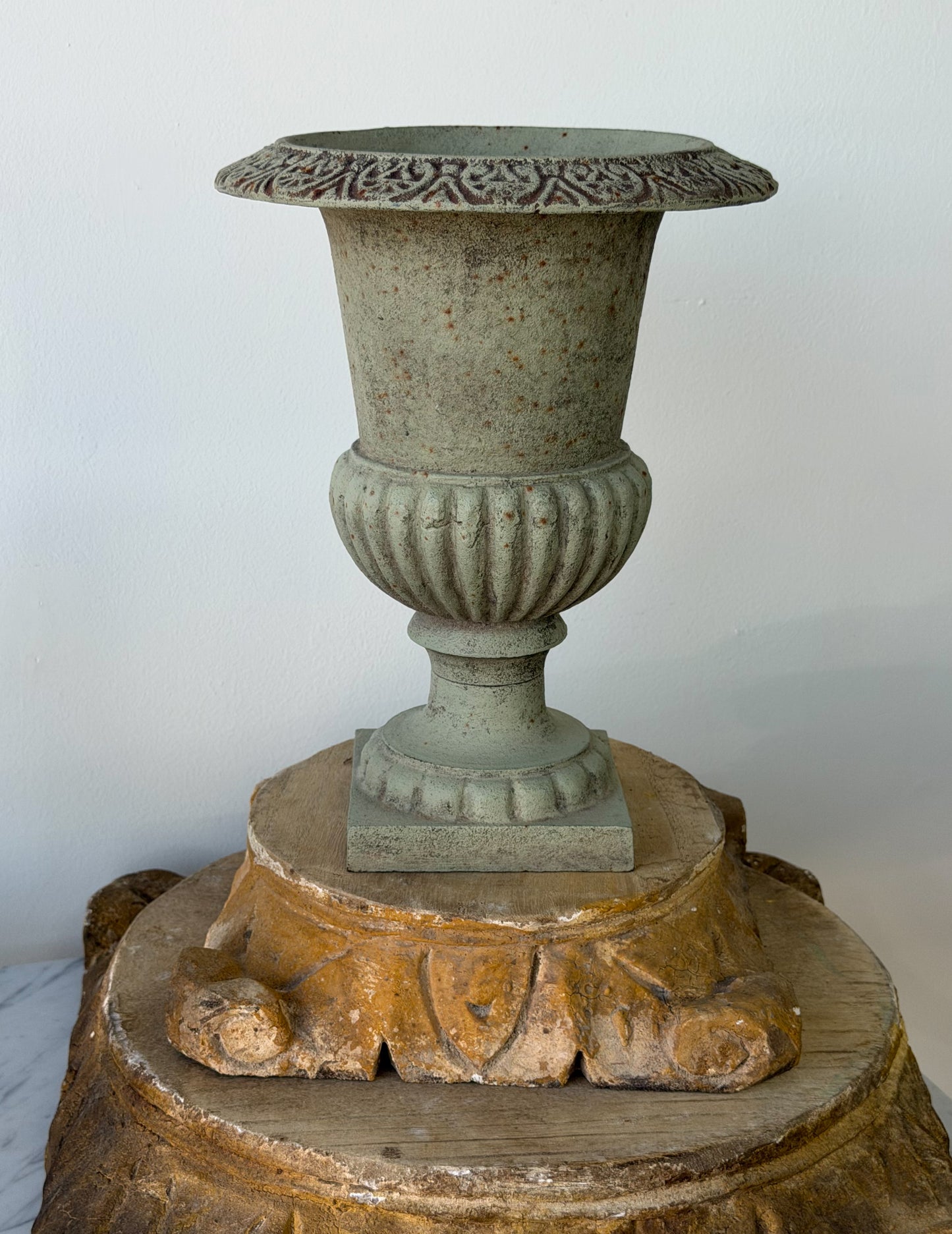 Vintage French Verdigris Cast Iron Medici Urn Pair