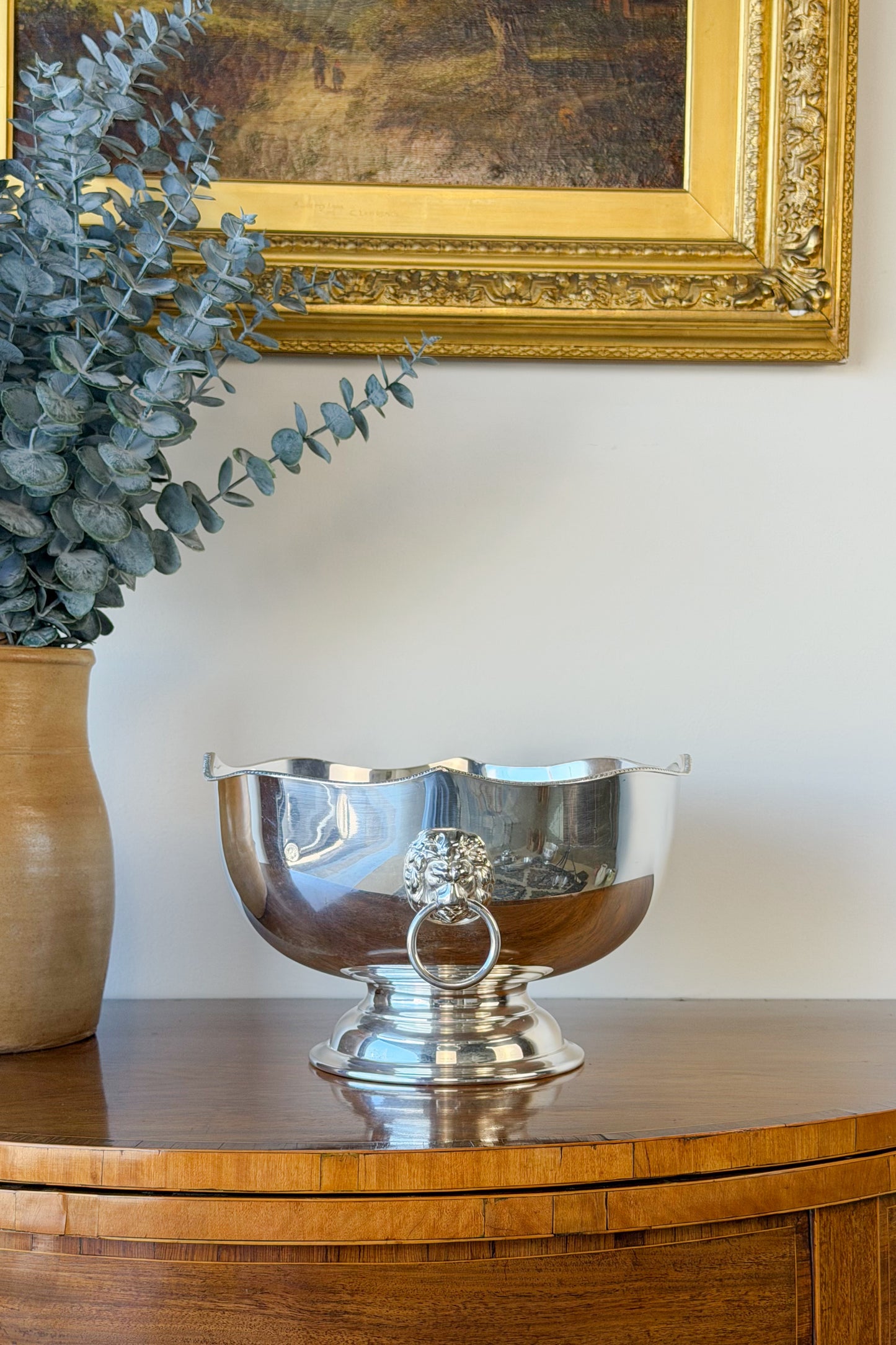 English Silverplate Punch Bowl with Lion Head Rings