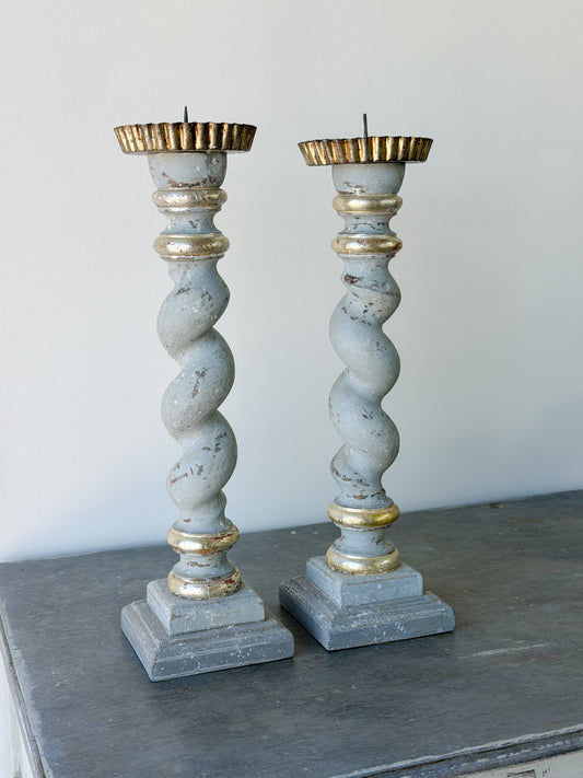 Antique Italian Painted Tall Candlestick Pair (Slate)