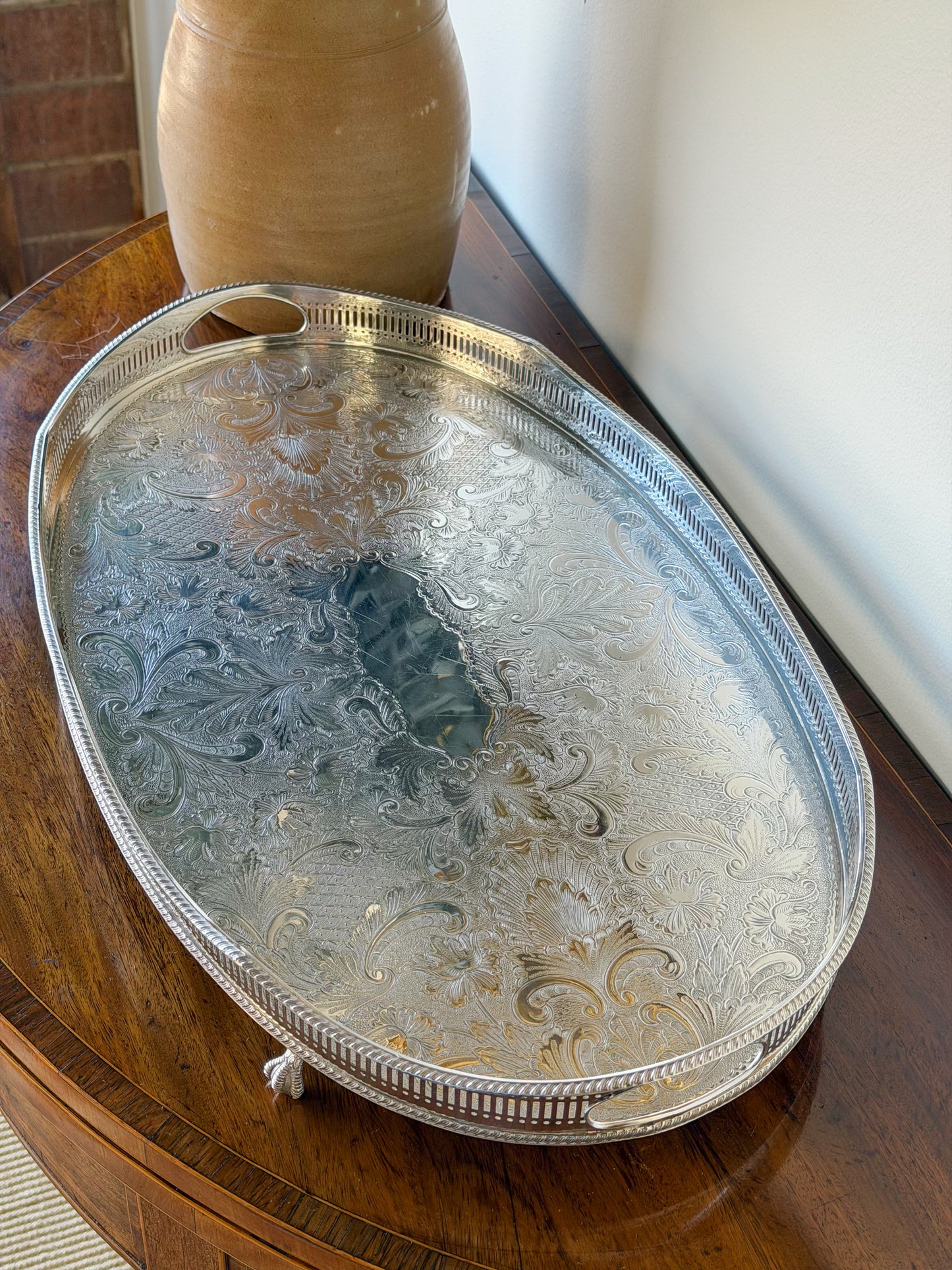 English Silverplate Gallery Tray with Ball & Claw Feet