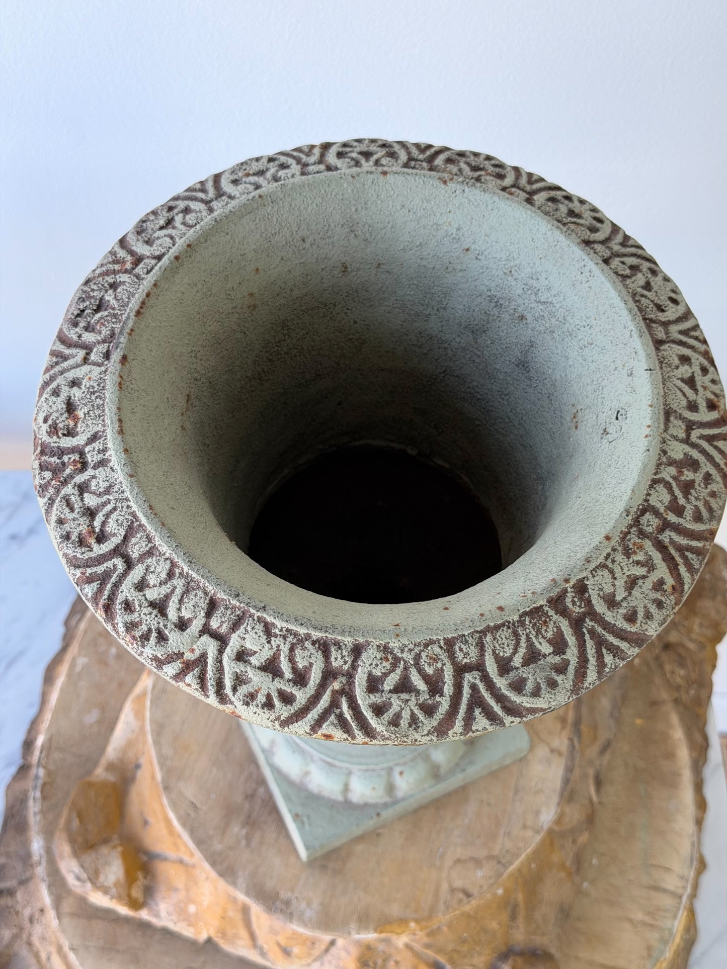 Vintage French Verdigris Cast Iron Medici Urn Pair
