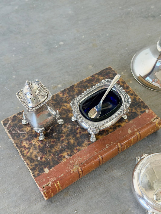 Antique Sheffield Silverplate Footed Salt Cellar & Pepper Shaker Set