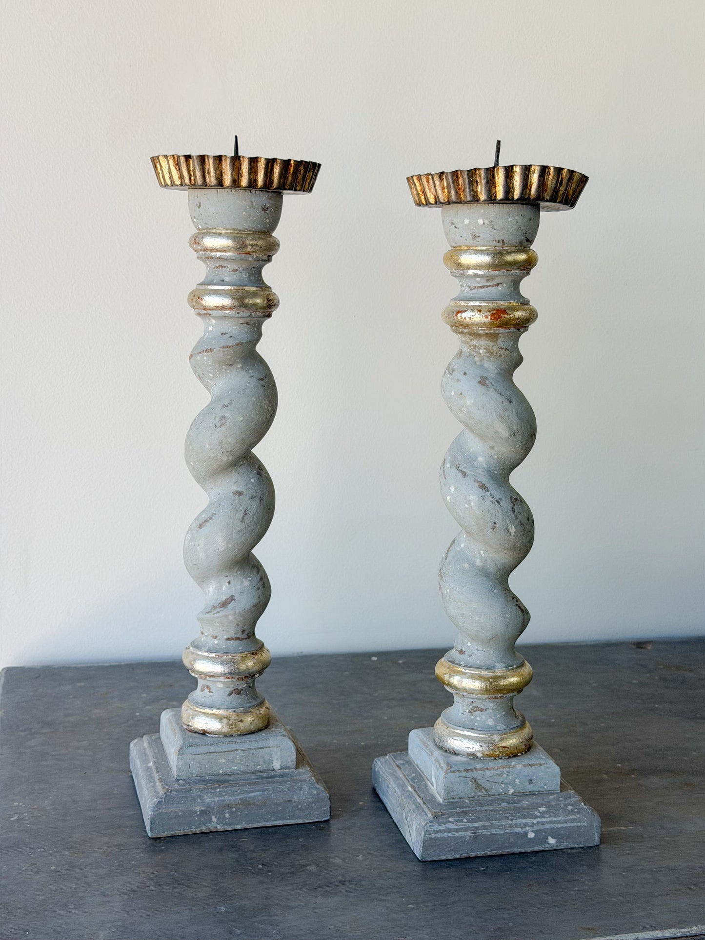Antique Italian Painted Tall Candlestick Pair (Slate)