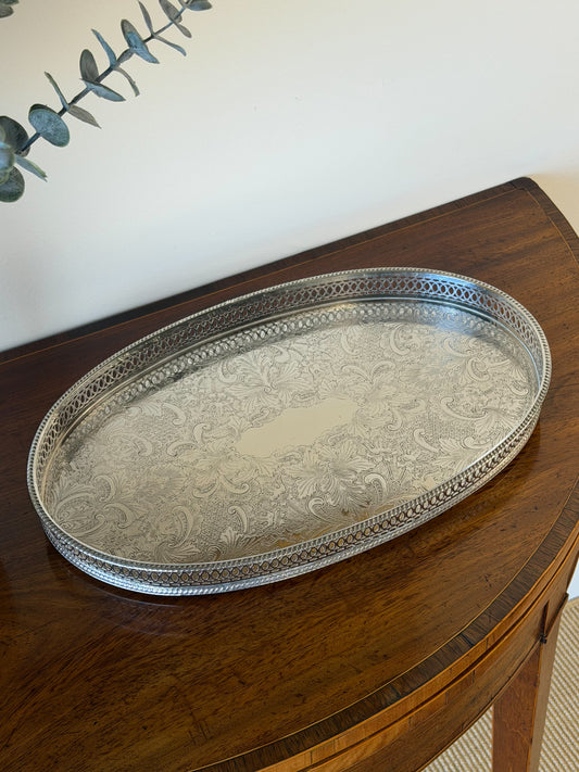 Large English Silverplate Gallery Tray on Bun Feet