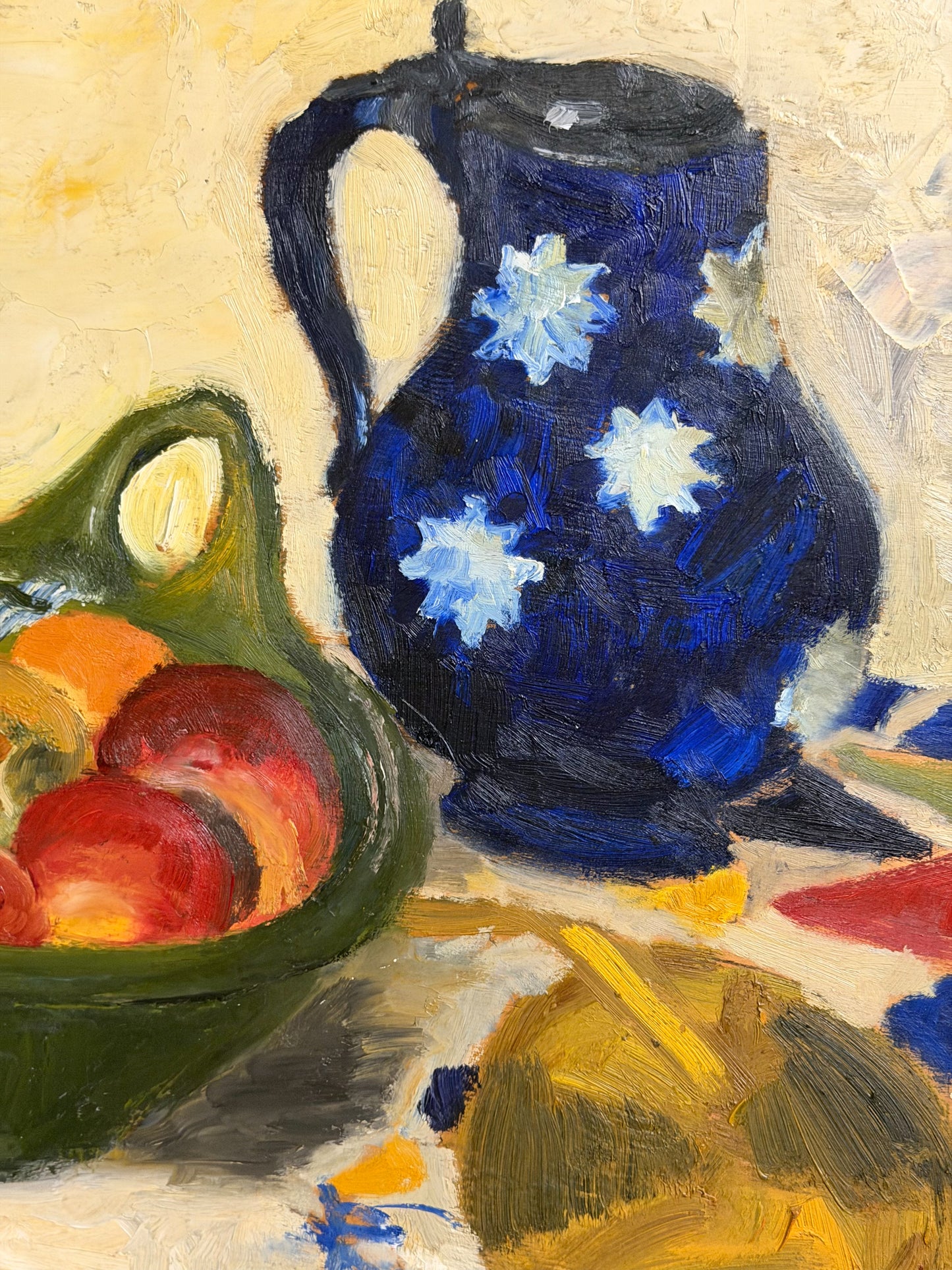 Midcentury Pitcher & Fruit Still Life Oil on Board