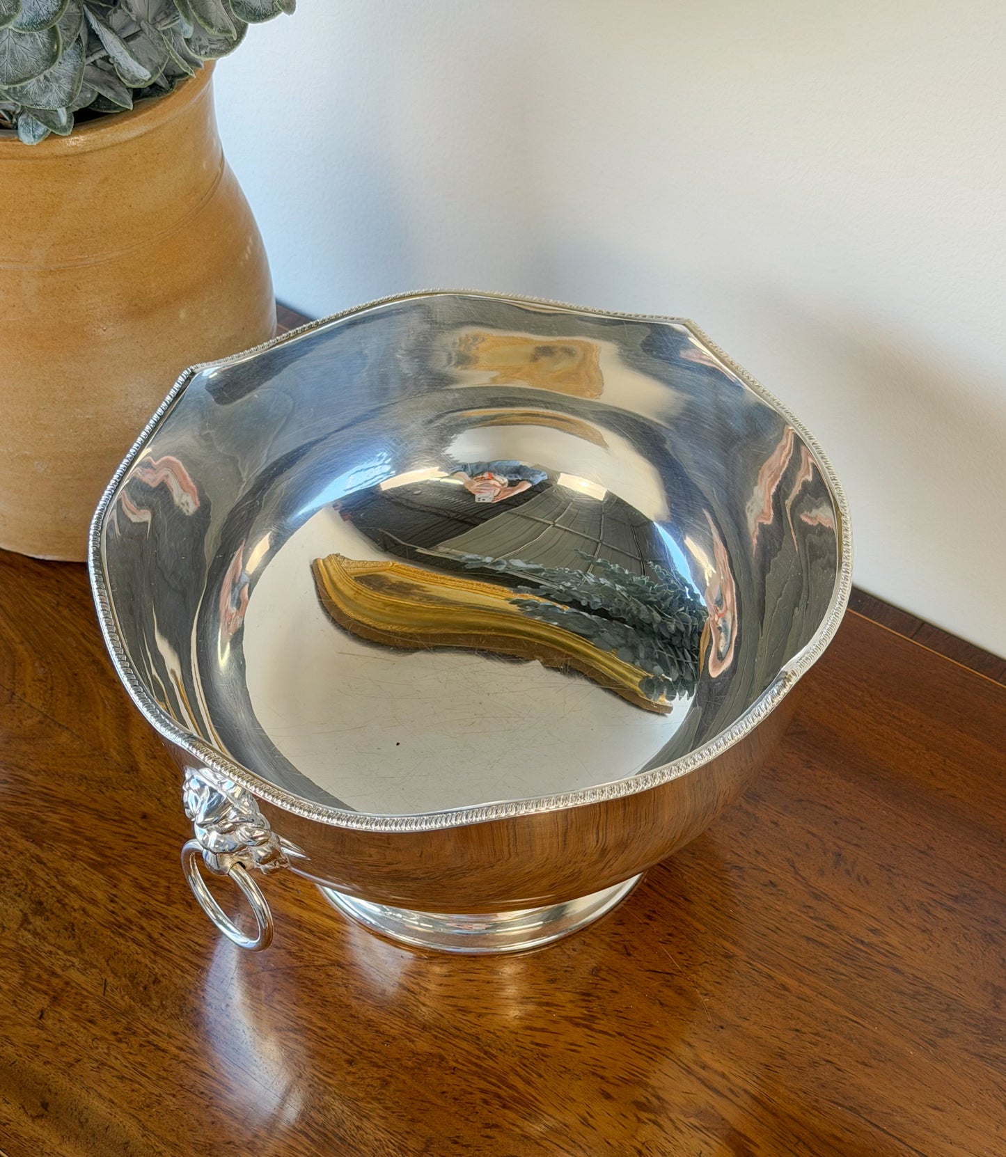 English Silverplate Punch Bowl with Lion Head Rings