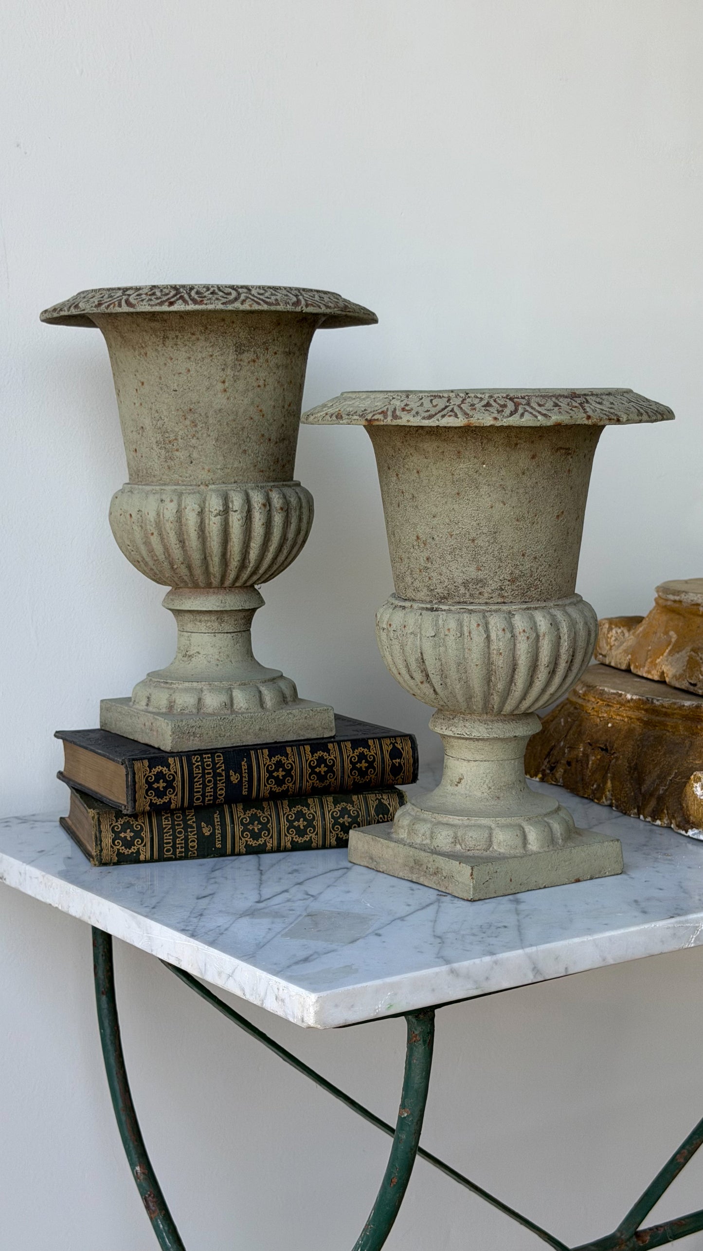 Vintage French Verdigris Cast Iron Medici Urn Pair