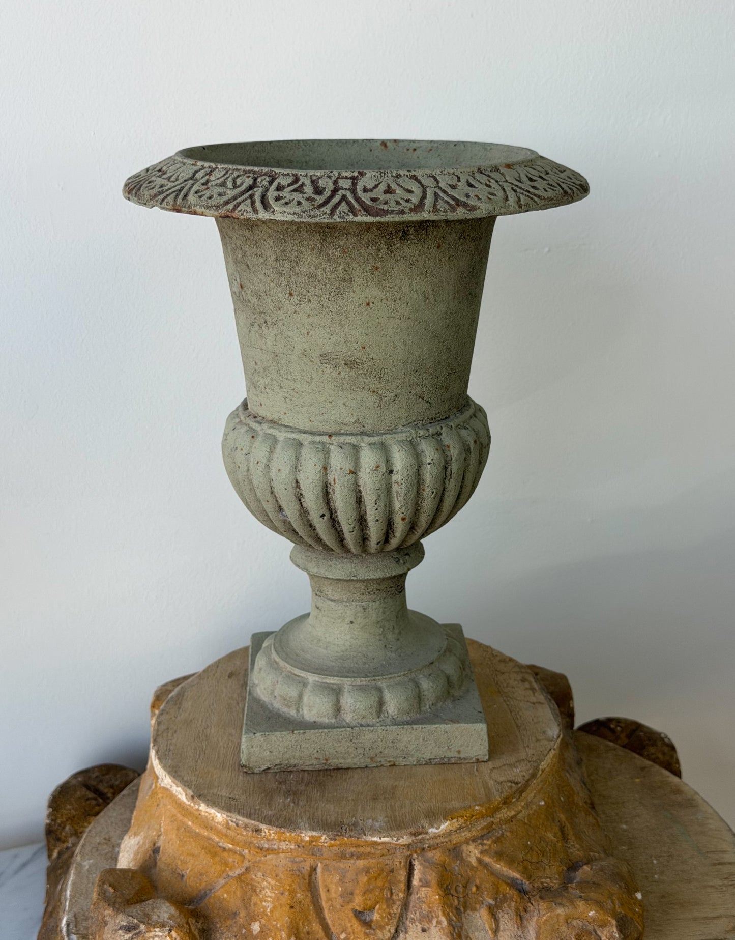 Vintage French Verdigris Cast Iron Medici Urn Pair