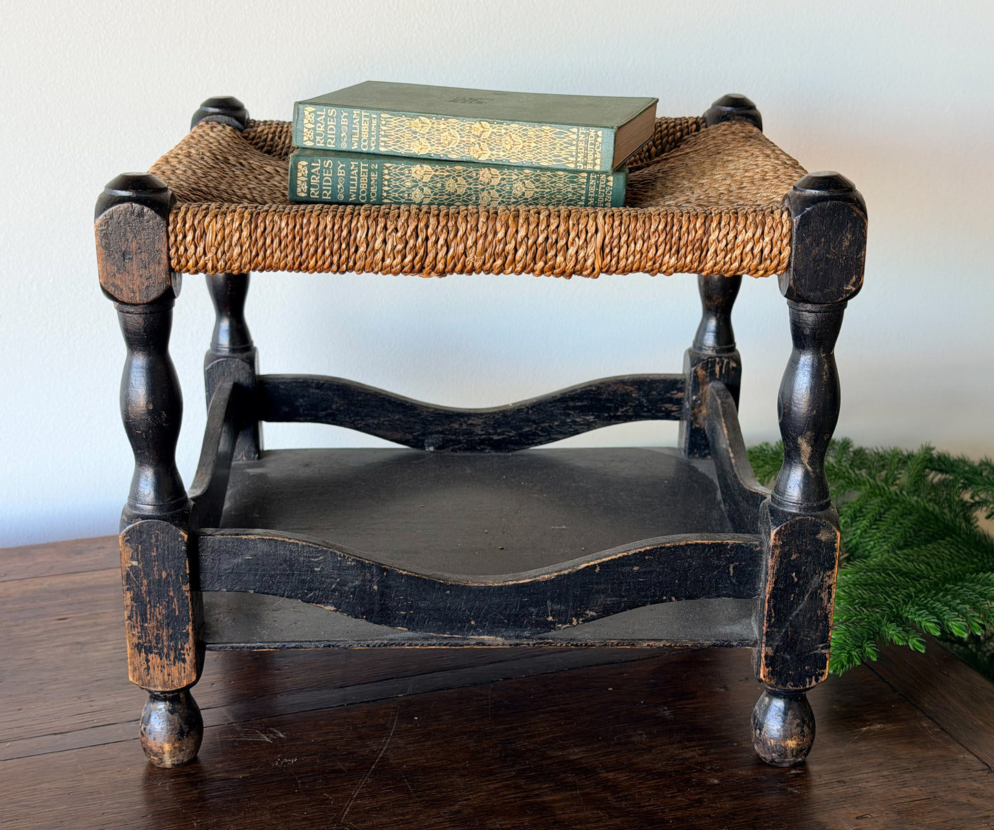 Antique English Rush Seat Stool with Painted Base