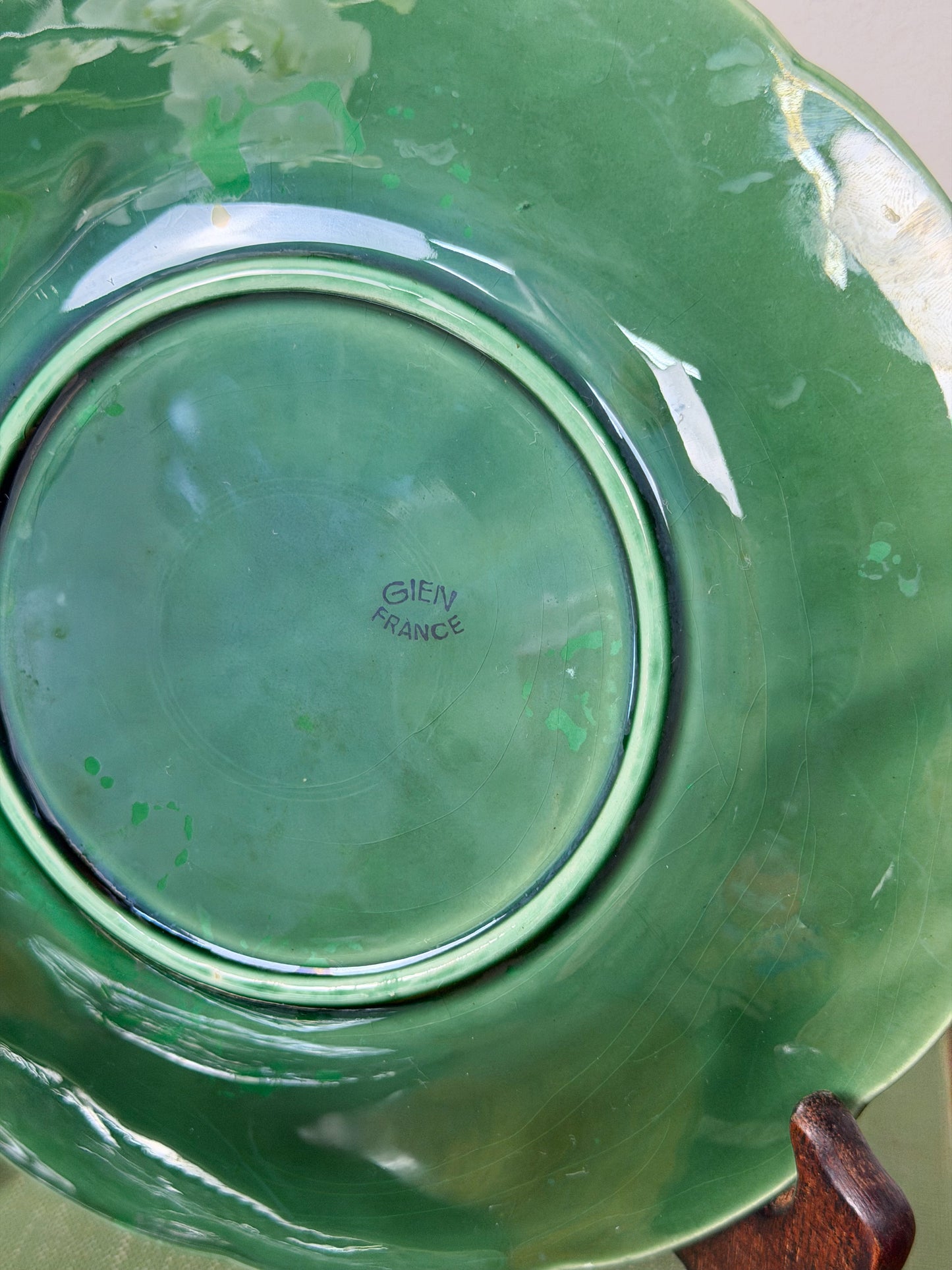 Vintage Gien Green Leaf Majolica Plates