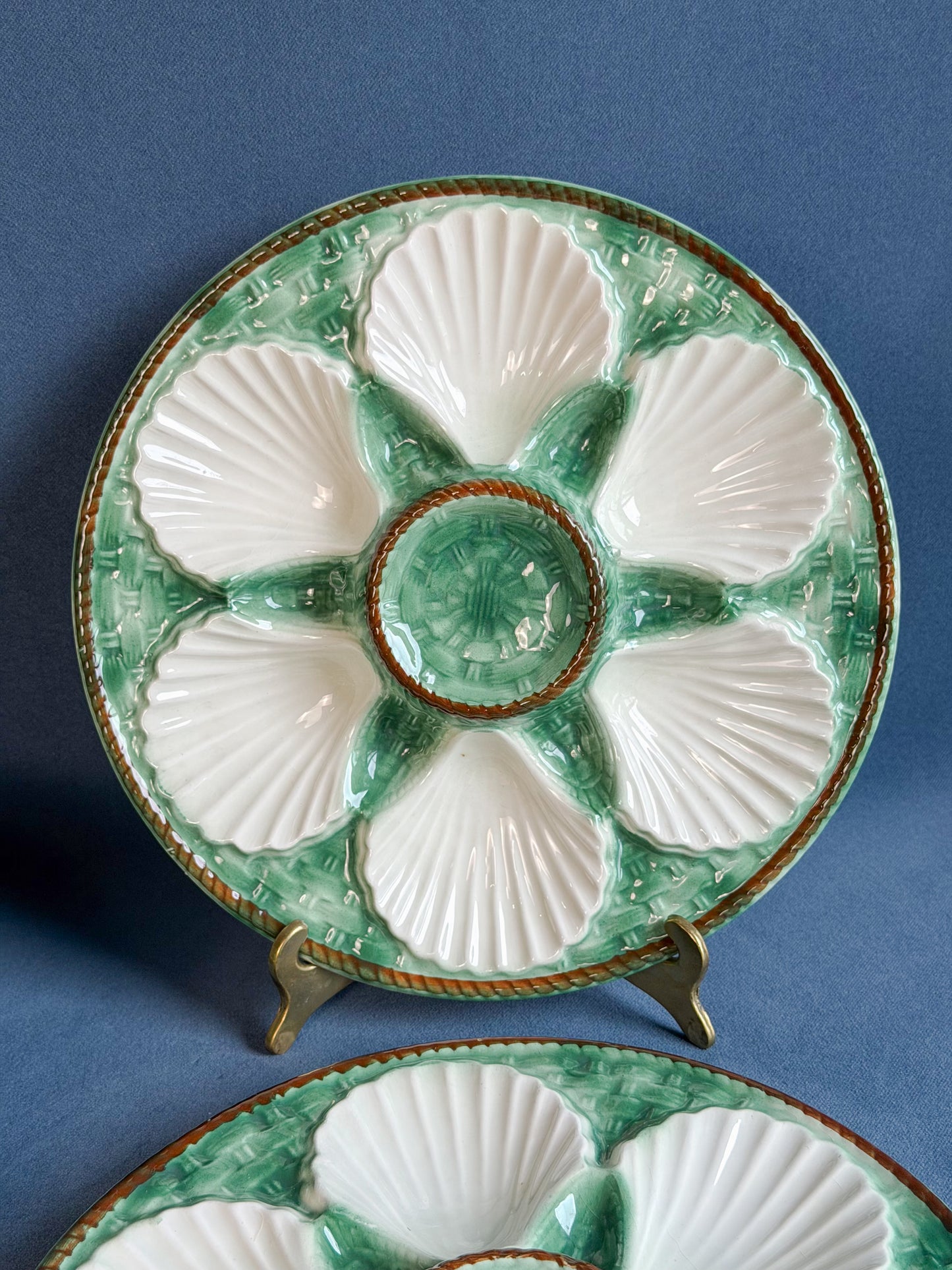 Vintage French Majolica Green & Brown Oyster Plate