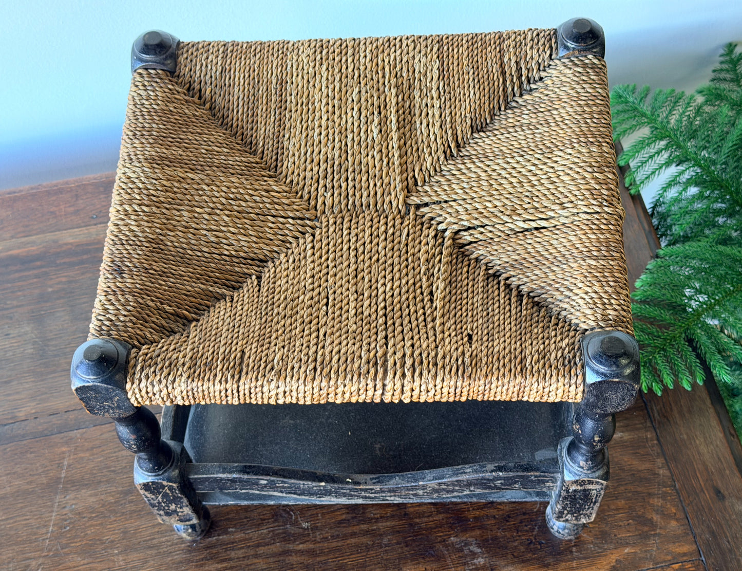 Antique English Rush Seat Stool with Painted Base