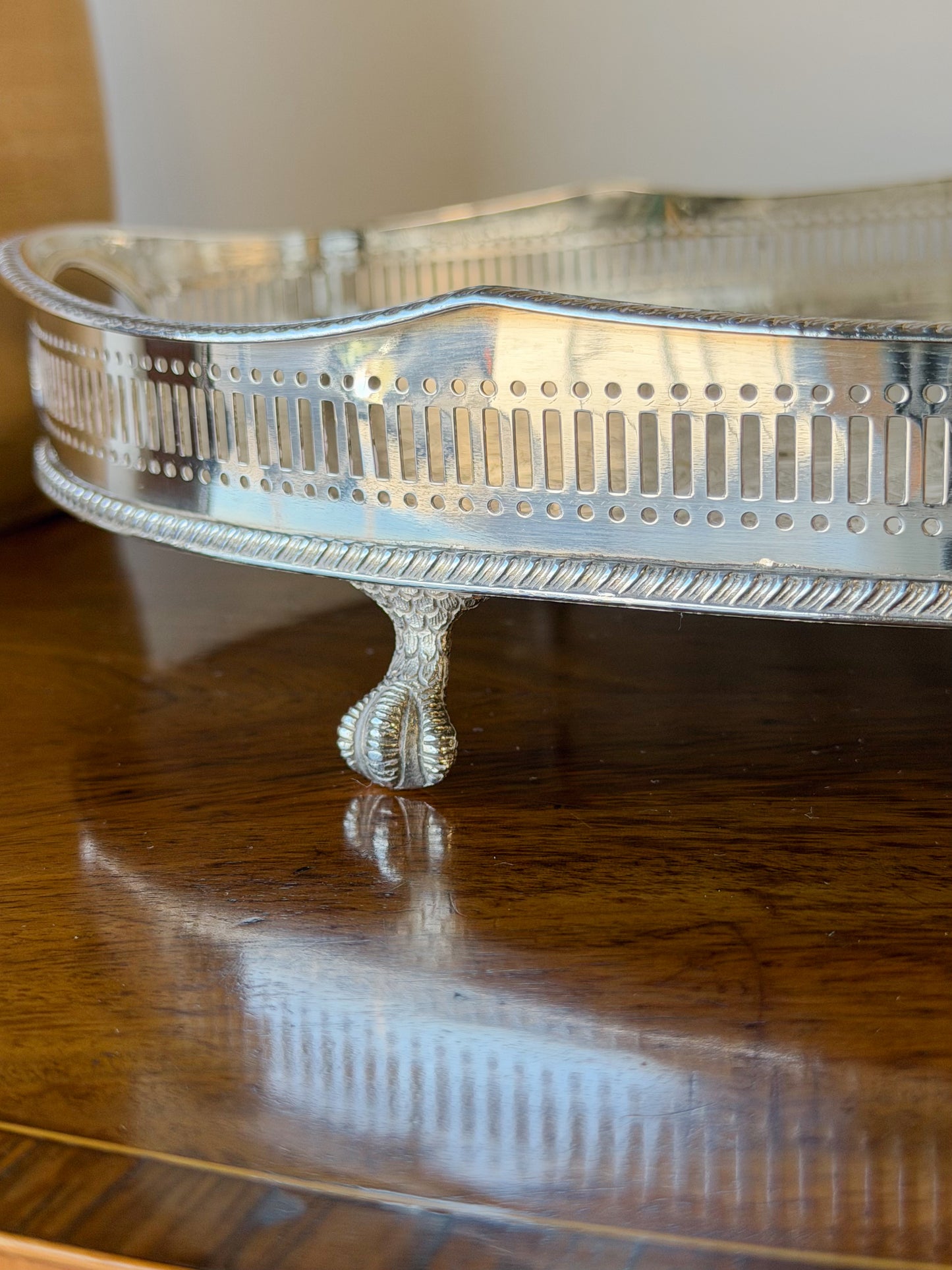 English Silverplate Gallery Tray with Ball & Claw Feet