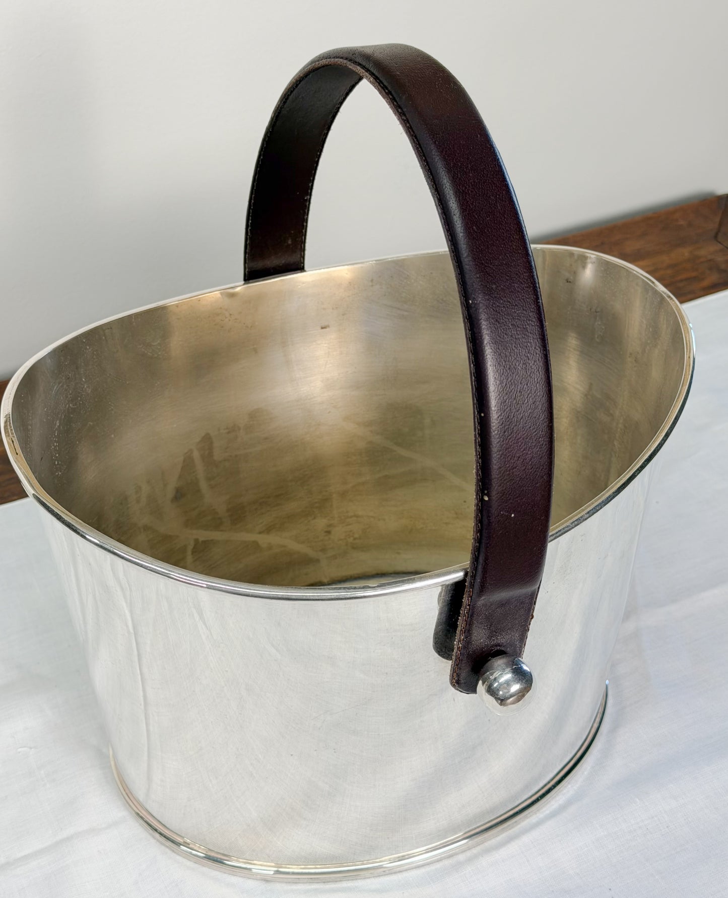English Silverplate Beverage Bucket with Leather Handle