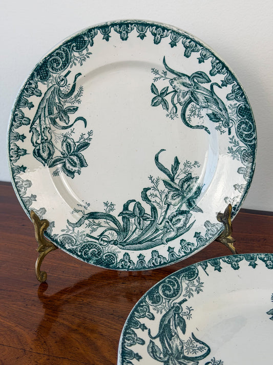 Antique French Terre de Fer Transferware Plates (Set of 4)