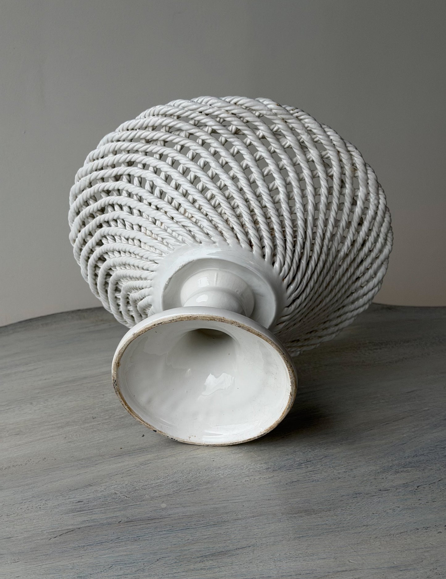 Vintage French Majolica Basketweave Compote
