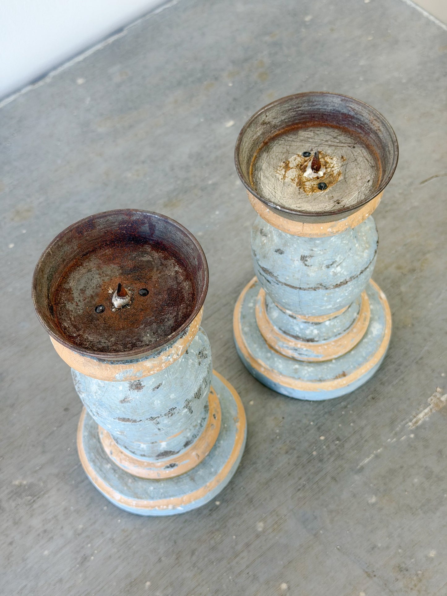 Antique Italian Painted Short Candlestick Pair