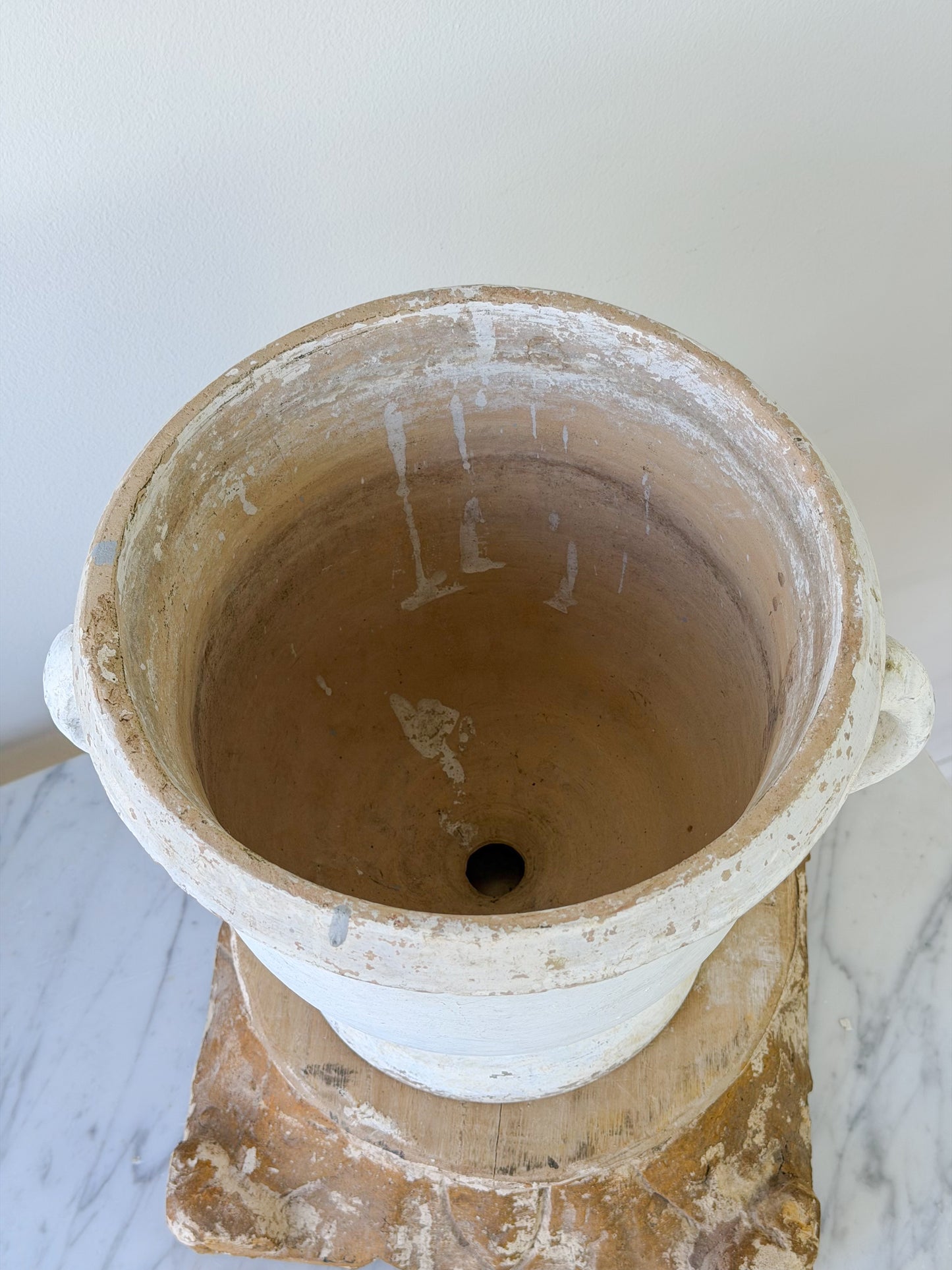 Vintage French Whitewashed Terracotta Pedestal Planter
