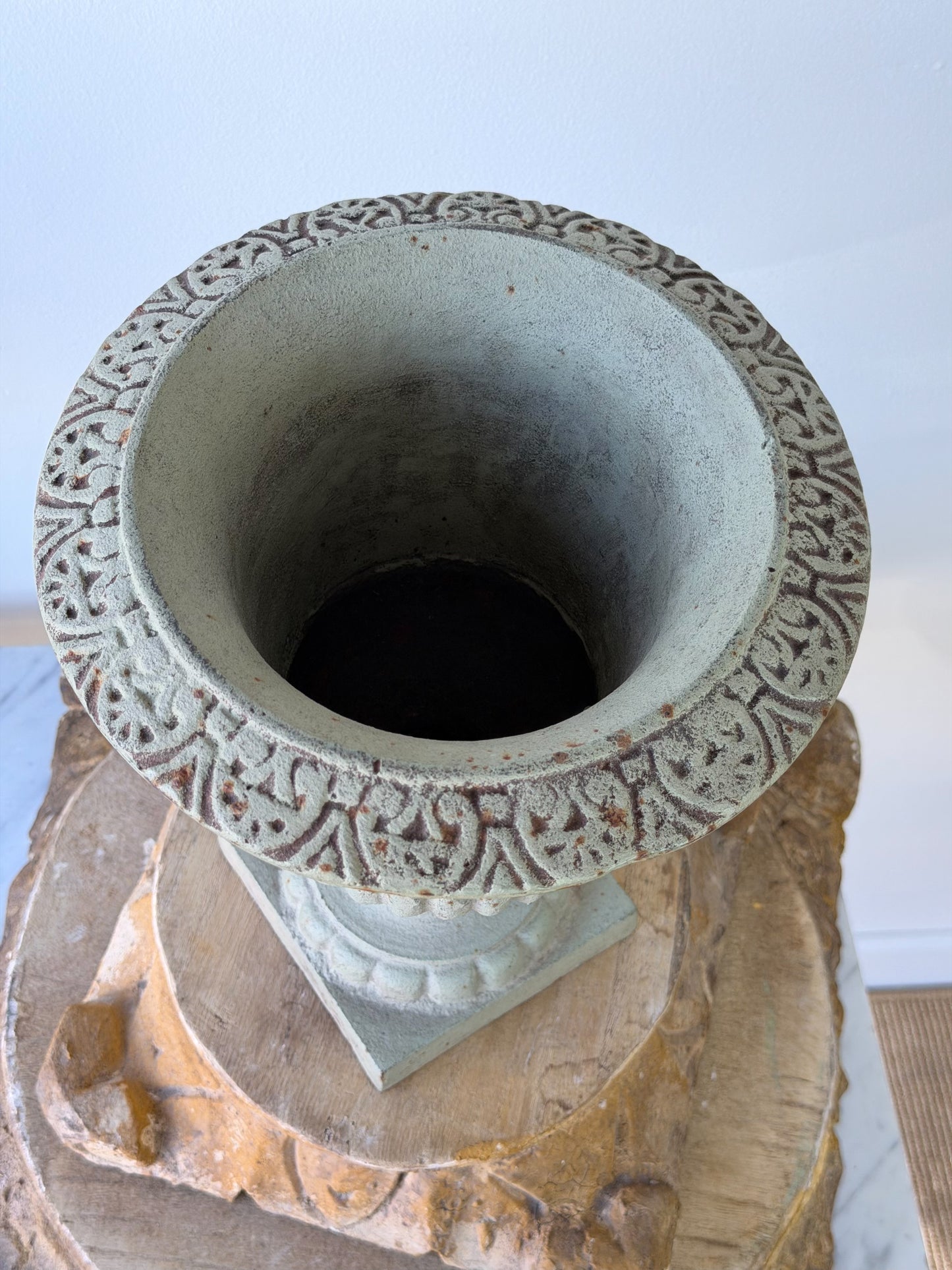 Vintage French Verdigris Cast Iron Medici Urn Pair
