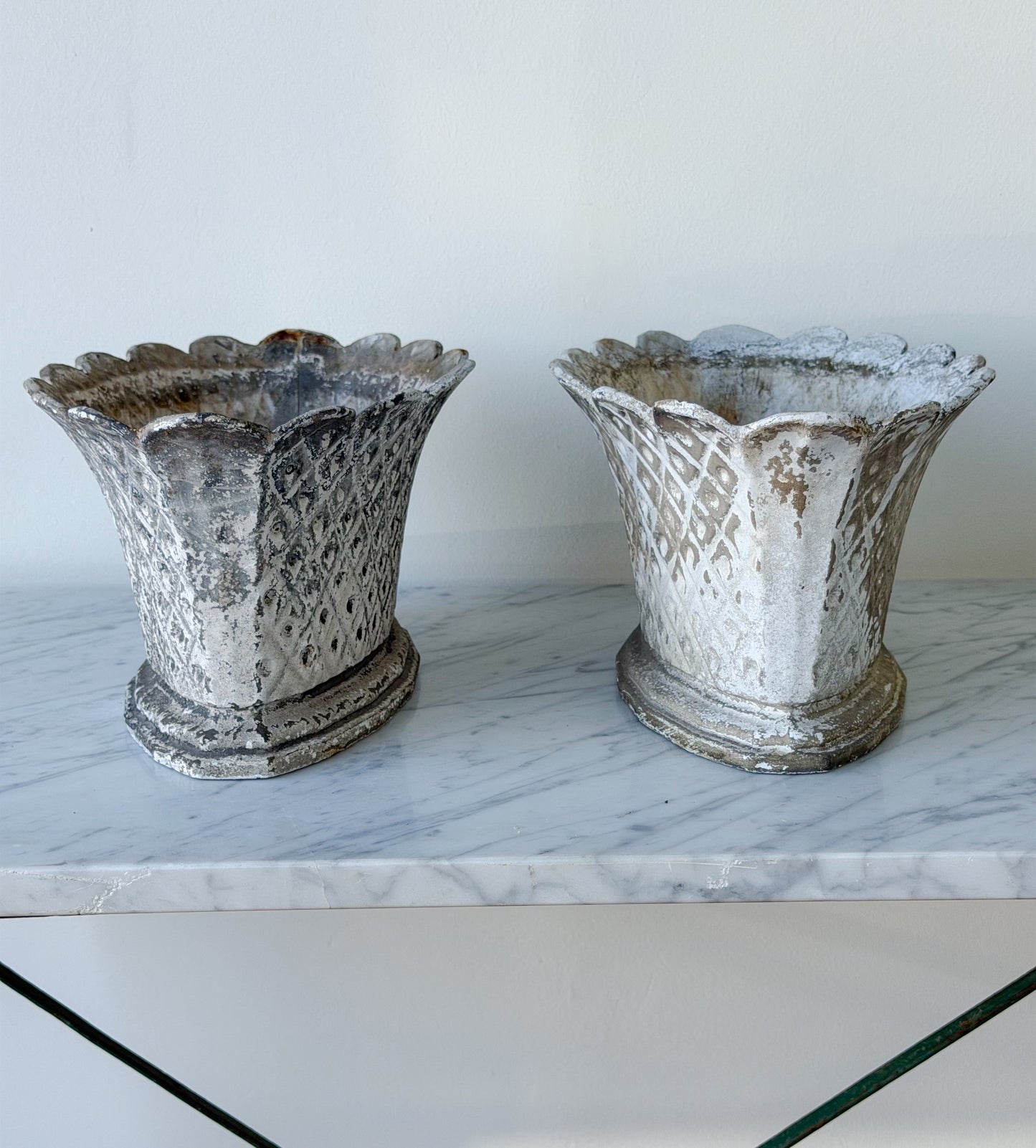 Antique French Cast Iron Scalloped Planter Pair