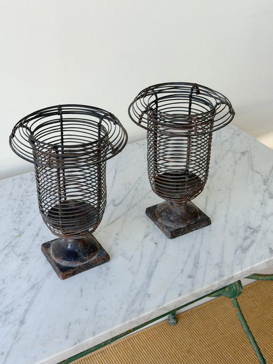 French Iron Wire Pillar Candle Hurricane Pair