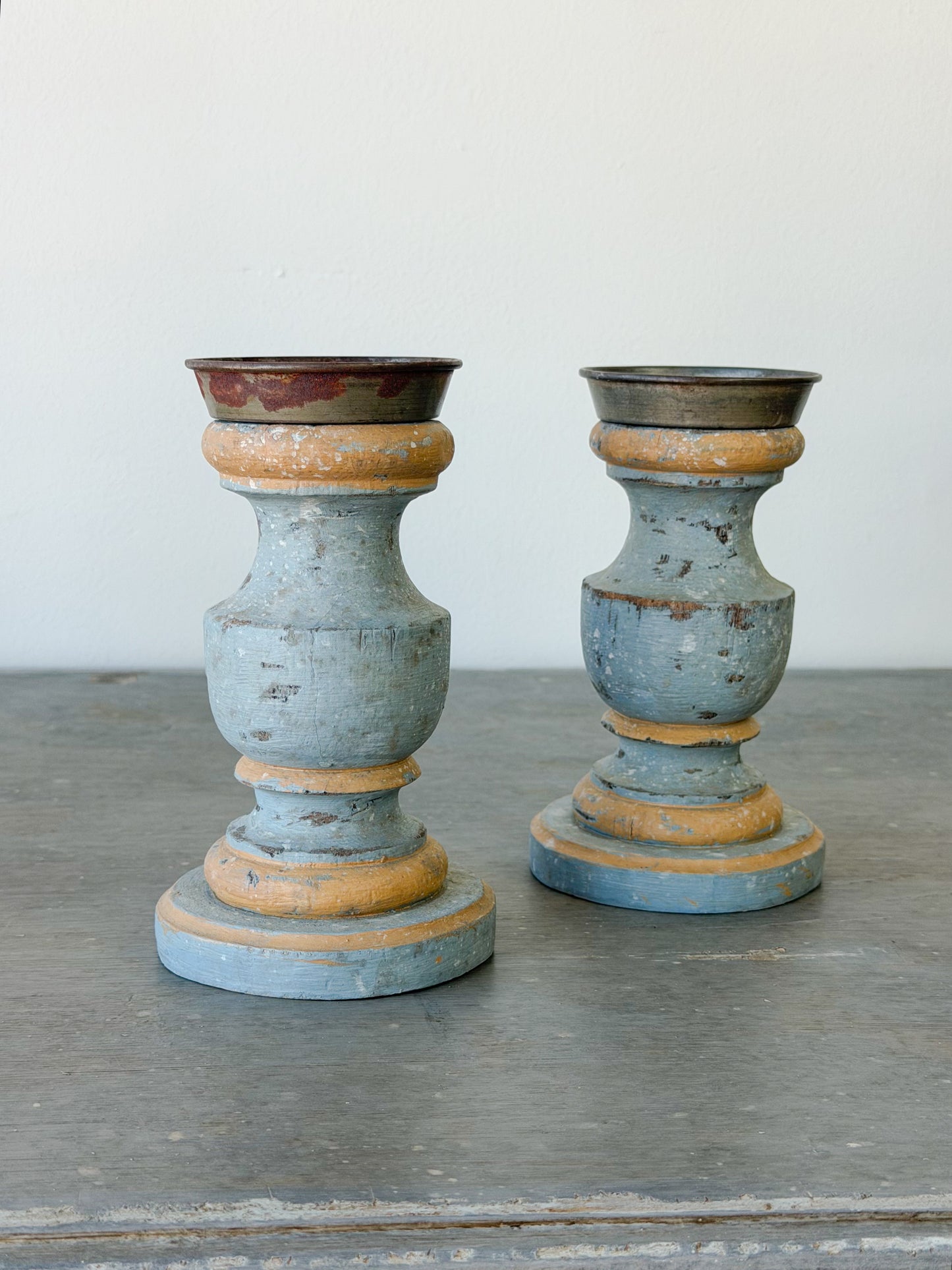 Antique Italian Painted Short Candlestick Pair