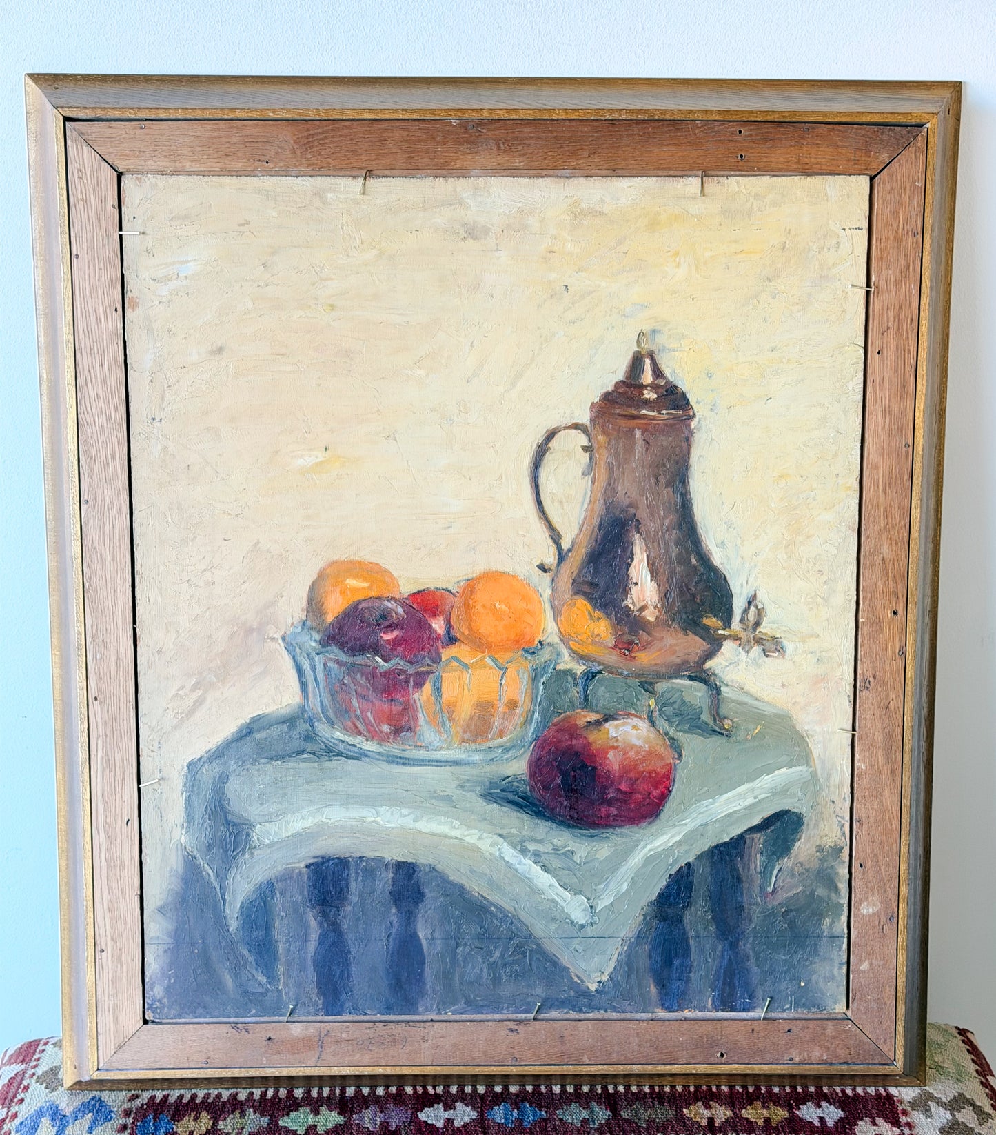 Midcentury Pitcher & Fruit Still Life Oil on Board
