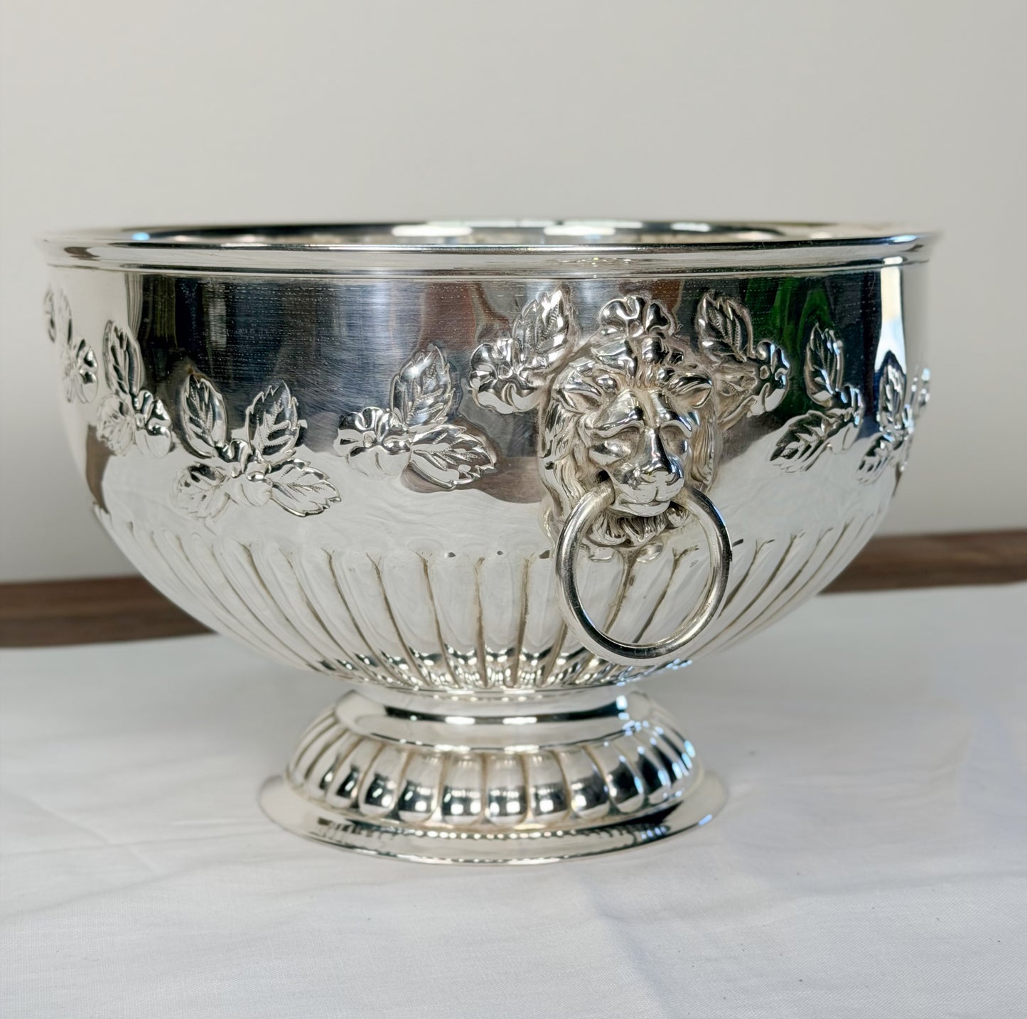 English Silverplate Pedestal Bowl with Lion’s Head Rings