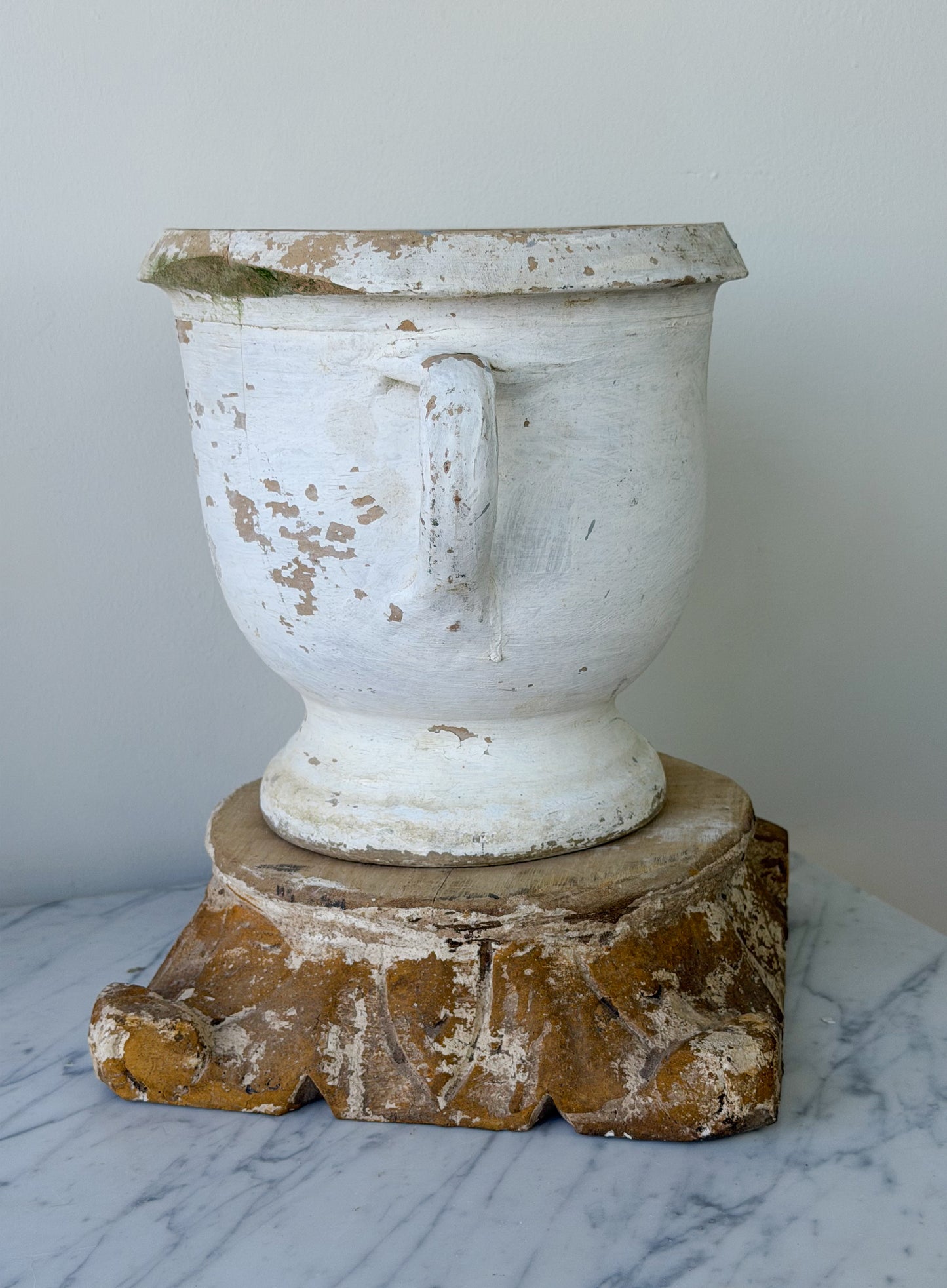 Vintage French Whitewashed Terracotta Pedestal Planter