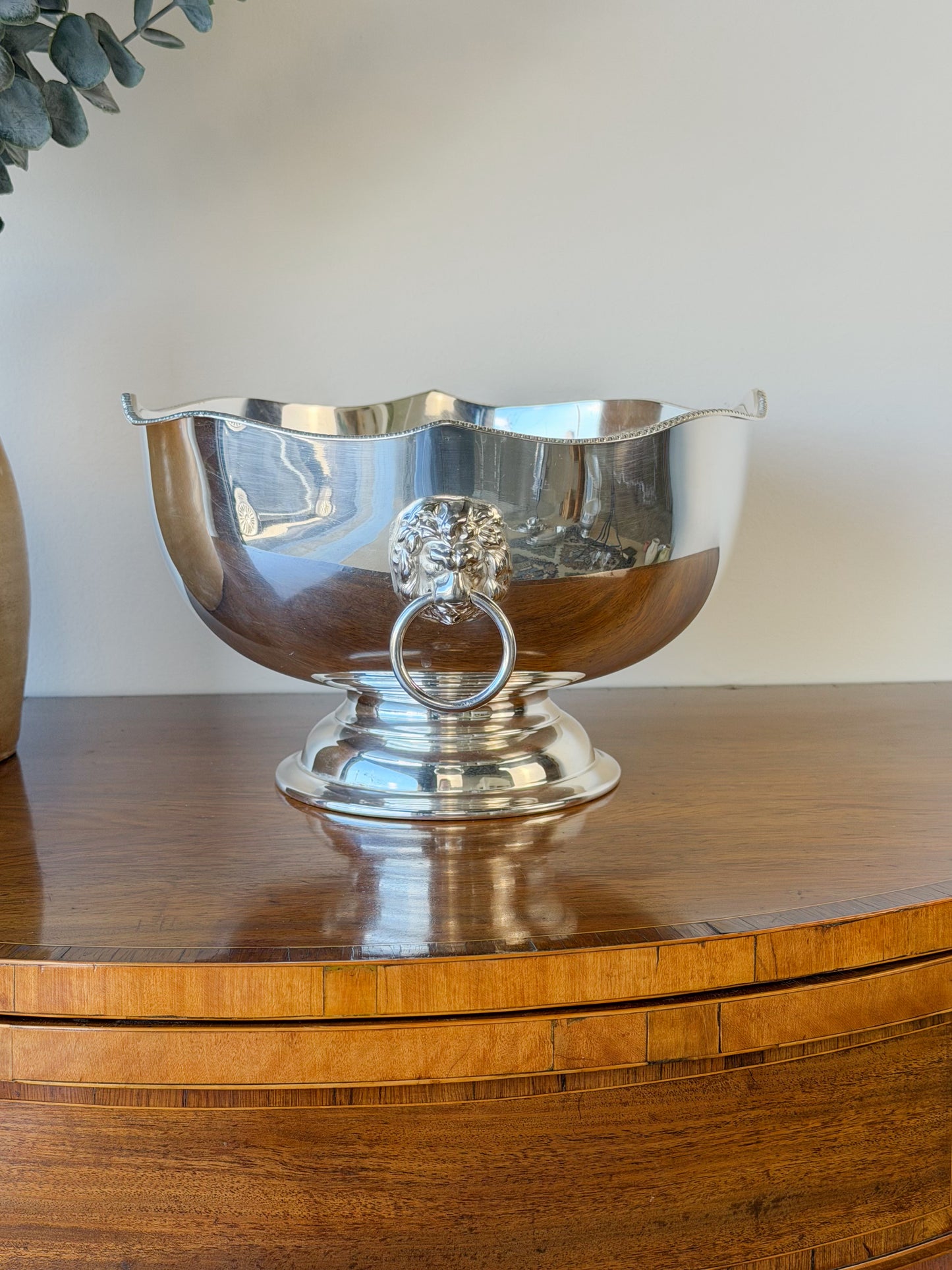 English Silverplate Punch Bowl with Lion Head Rings
