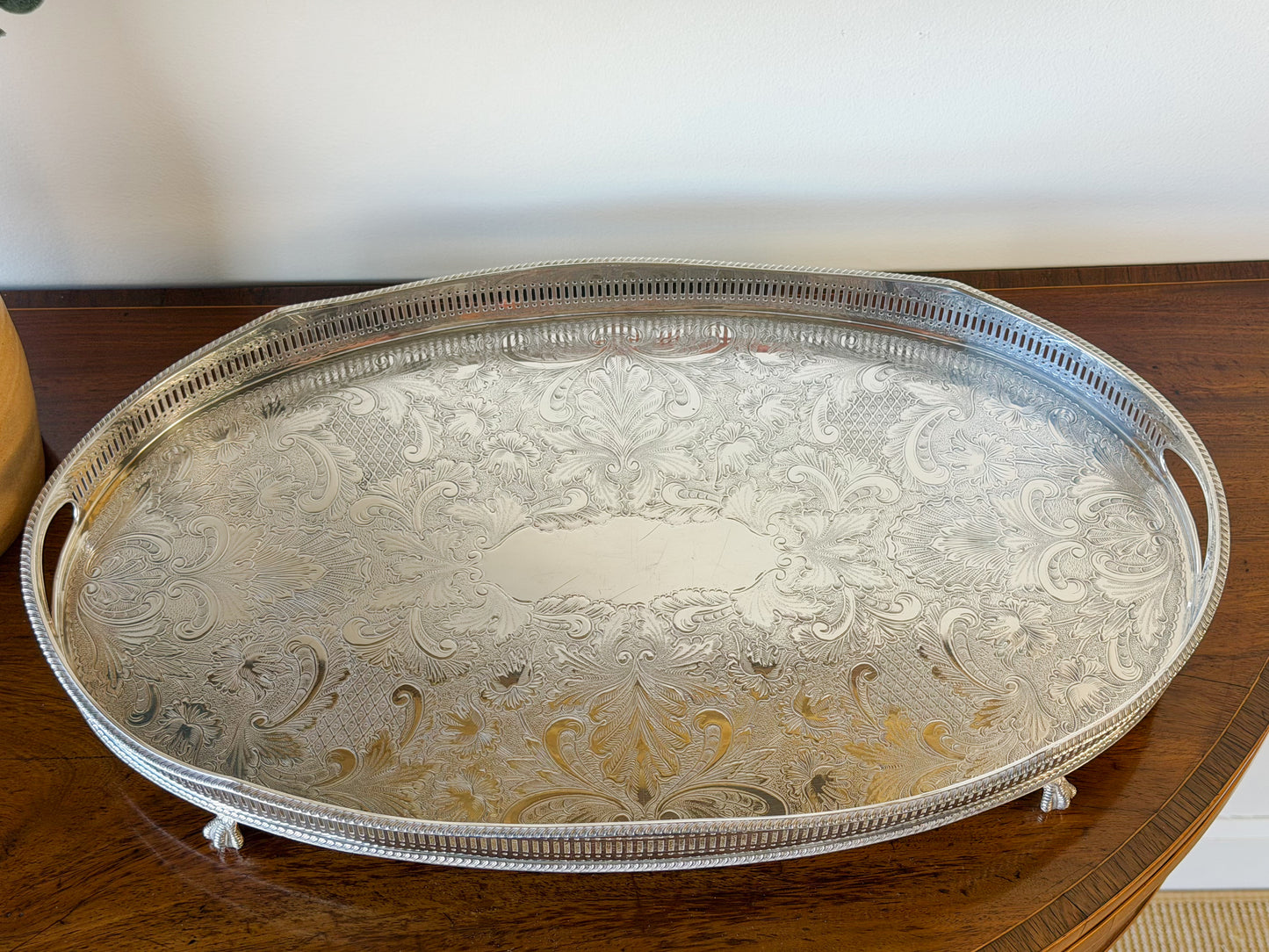 English Silverplate Gallery Tray with Ball & Claw Feet