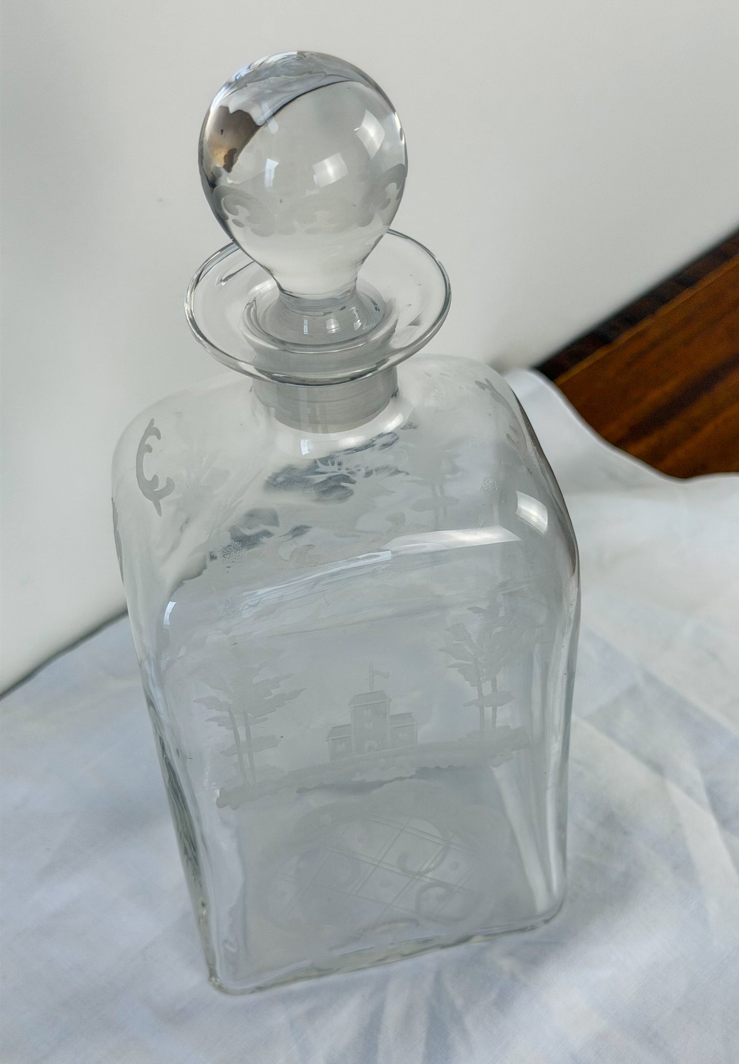 Belgian Antique Etched Glass Decanter